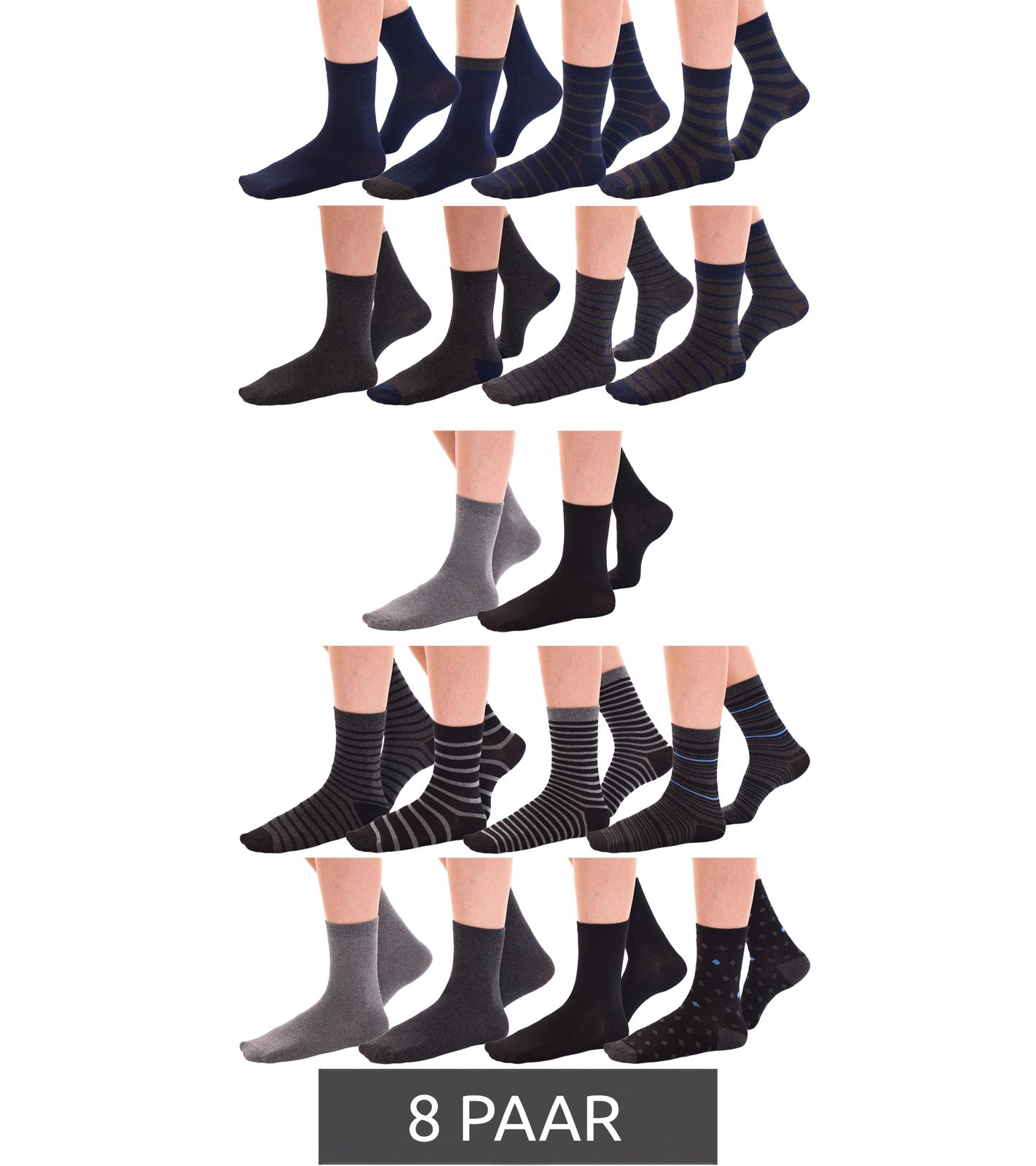 8 Paar TRUE style Baumwoll-Strümpfe mit Komfortbund nachhaltige Business-Socken im Crew-Style Schwarz/Grau Uni, Schwarz/Grau Bunt oder Navy/Grau