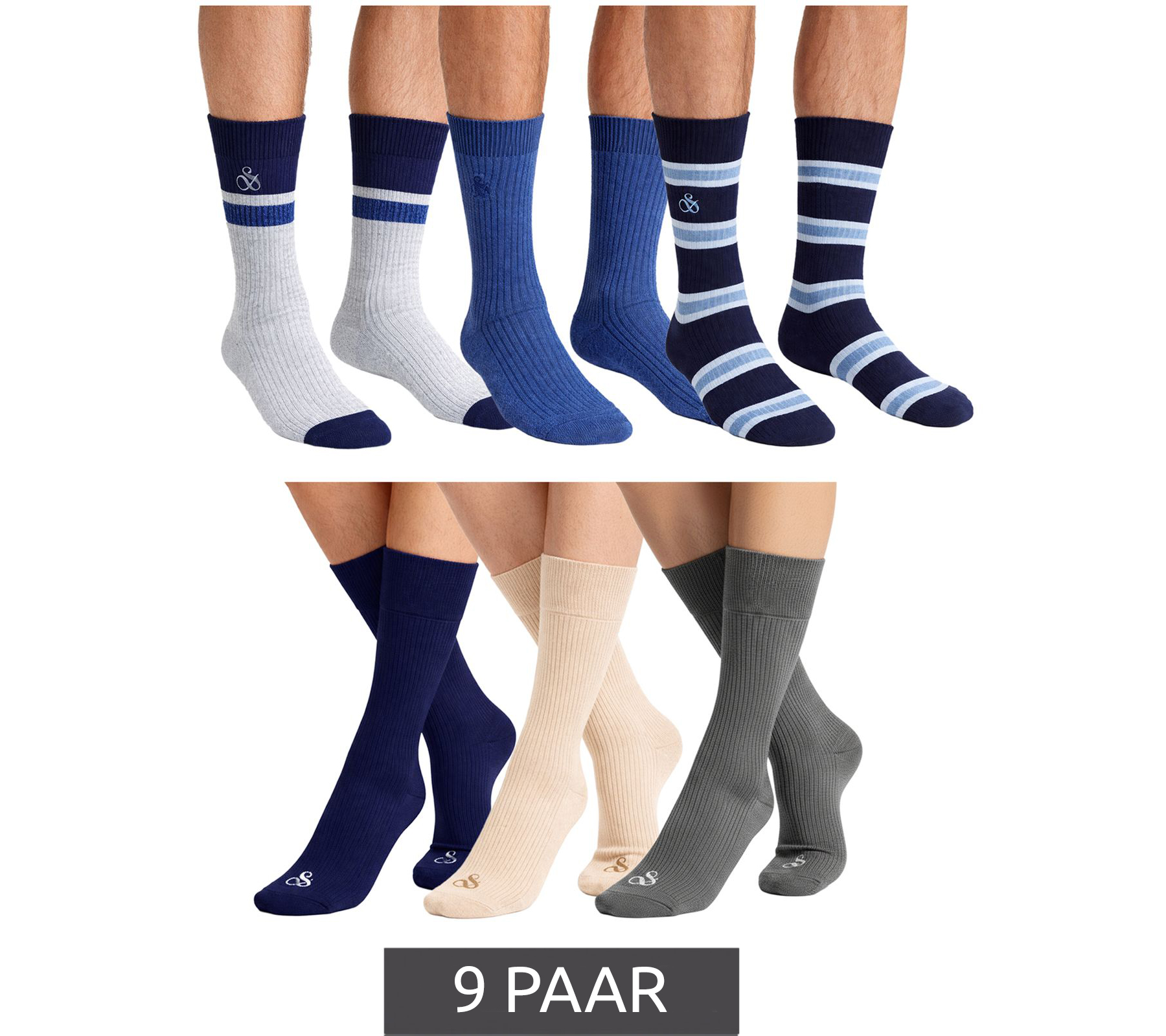 9 Paar SCOTCH & SODA Herren Crew-Socken Amsterdam Alltags-Strümpfe Einheitsgröße / 41-46 Cotton Blend in Grau/Navy/Blau oder Rayon Blend in Grau/Navy/Beige