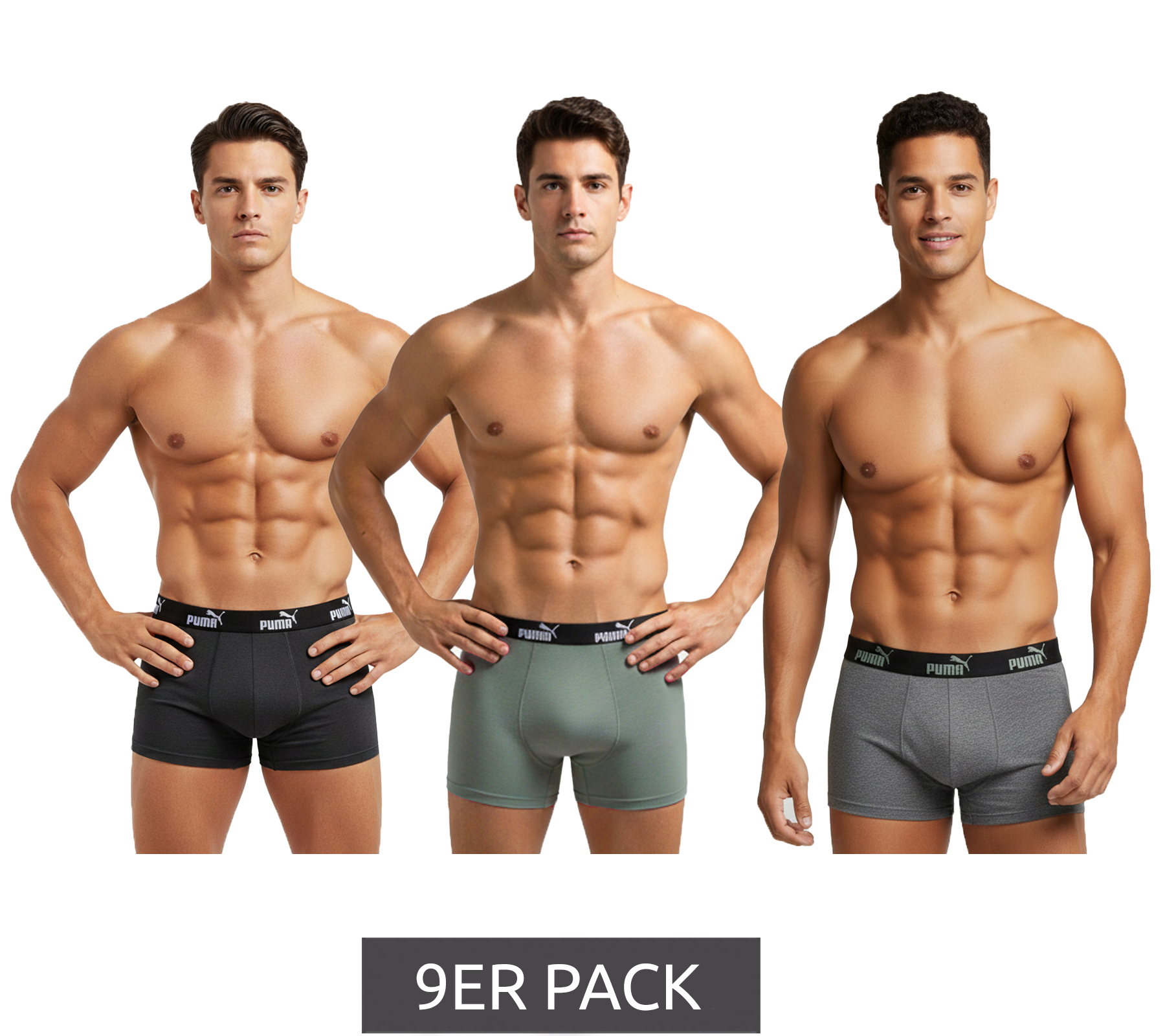 9er Pack PUMA Basic Boxer Herren Boxer-Shorts Baumwoll-Unterhose Unterwäsche 100003547 001 Schwarz/Grau-meliert/Grün