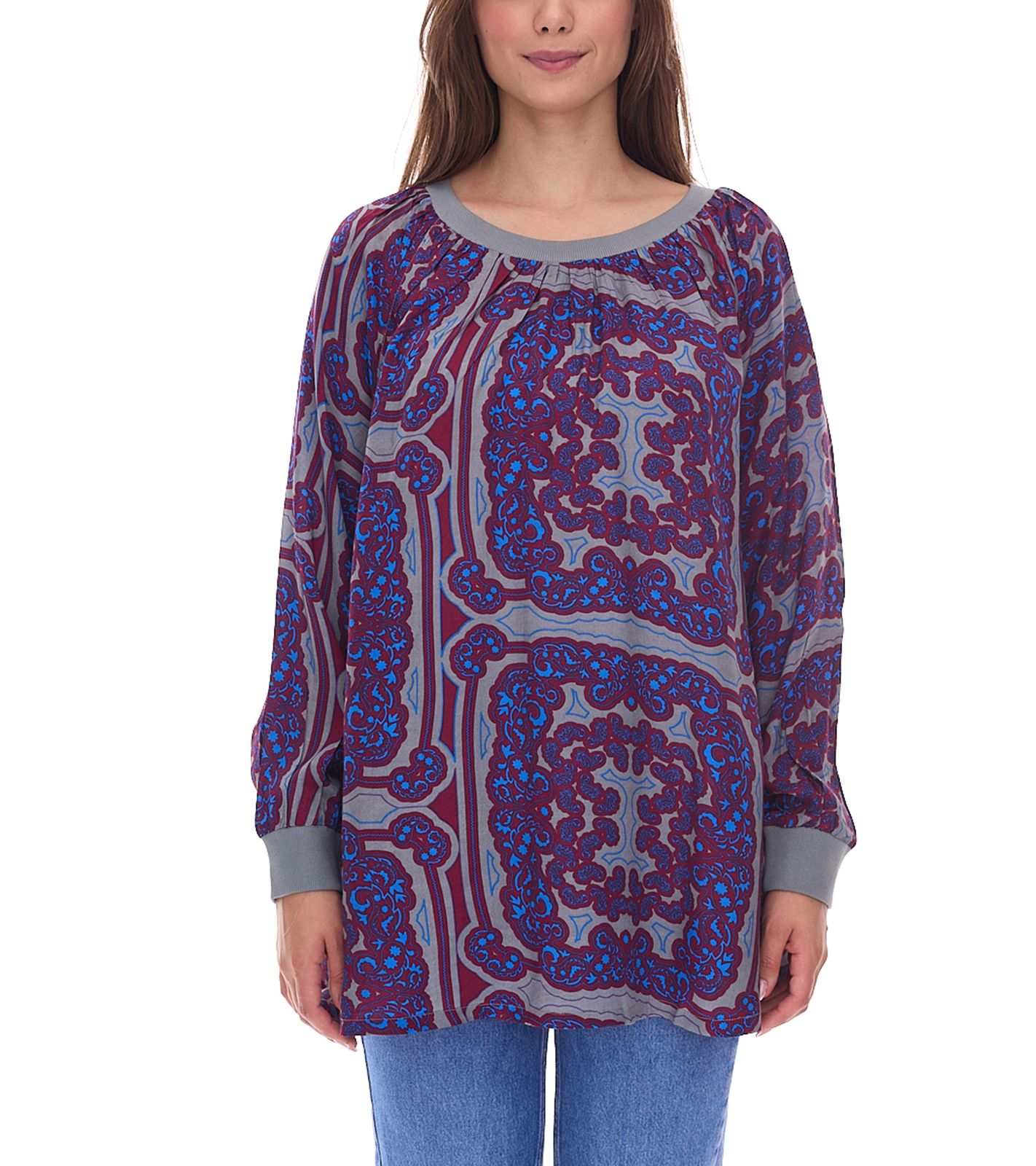 ADIA Damen Bluse modische Sommer-Bluse stylisches Langarm-Shirt Große Größen 96391157 Grau/Blau/Rot