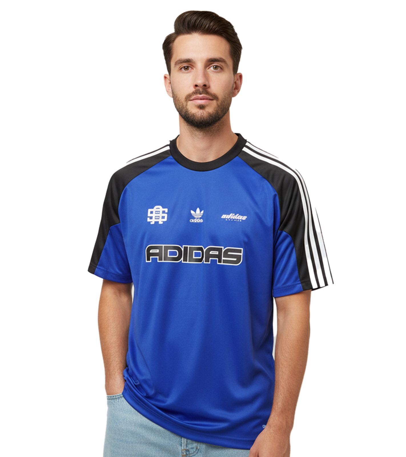 adidas Football Poly Herren T-Shirt mit ikonischem adidas Brustprint im Fußball-Look Kurzarm-Shirt Fußball-Trikot JD7987 Blau