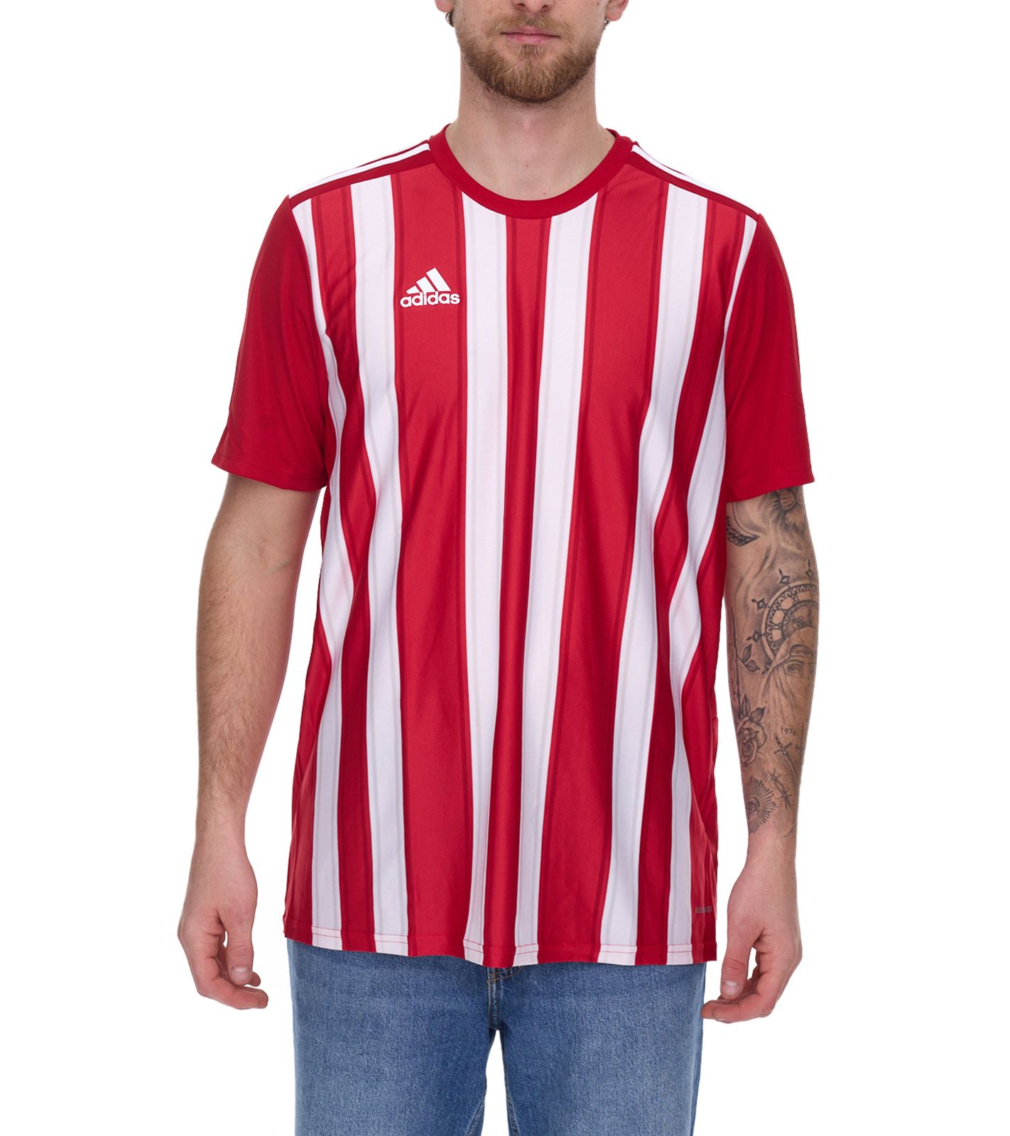 adidas Striped 21 Herren Sport-Shirt nachhaltiges Trainings-Shirt mit AEROREADY-Technologie gestreiftes Fitness-Oberteil GN7624 Rot/Weiß