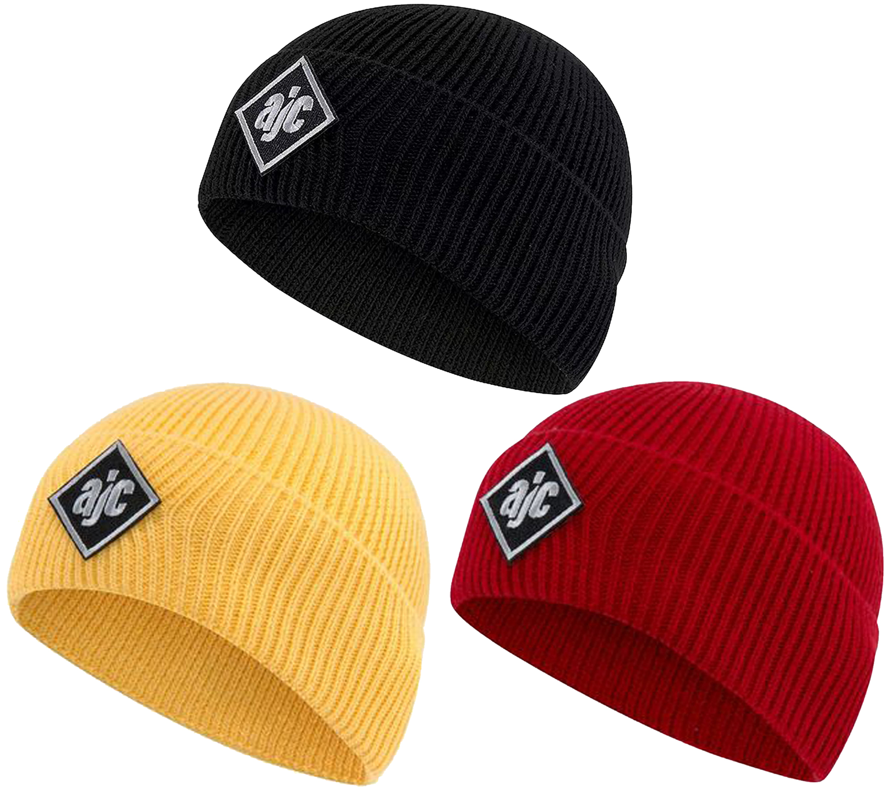 AjC Beanie schlichte Winter-Mütze gemütliche Strick-Beanie mit gesticktem Logo-Patch Gelb, Rot oder Schwarz