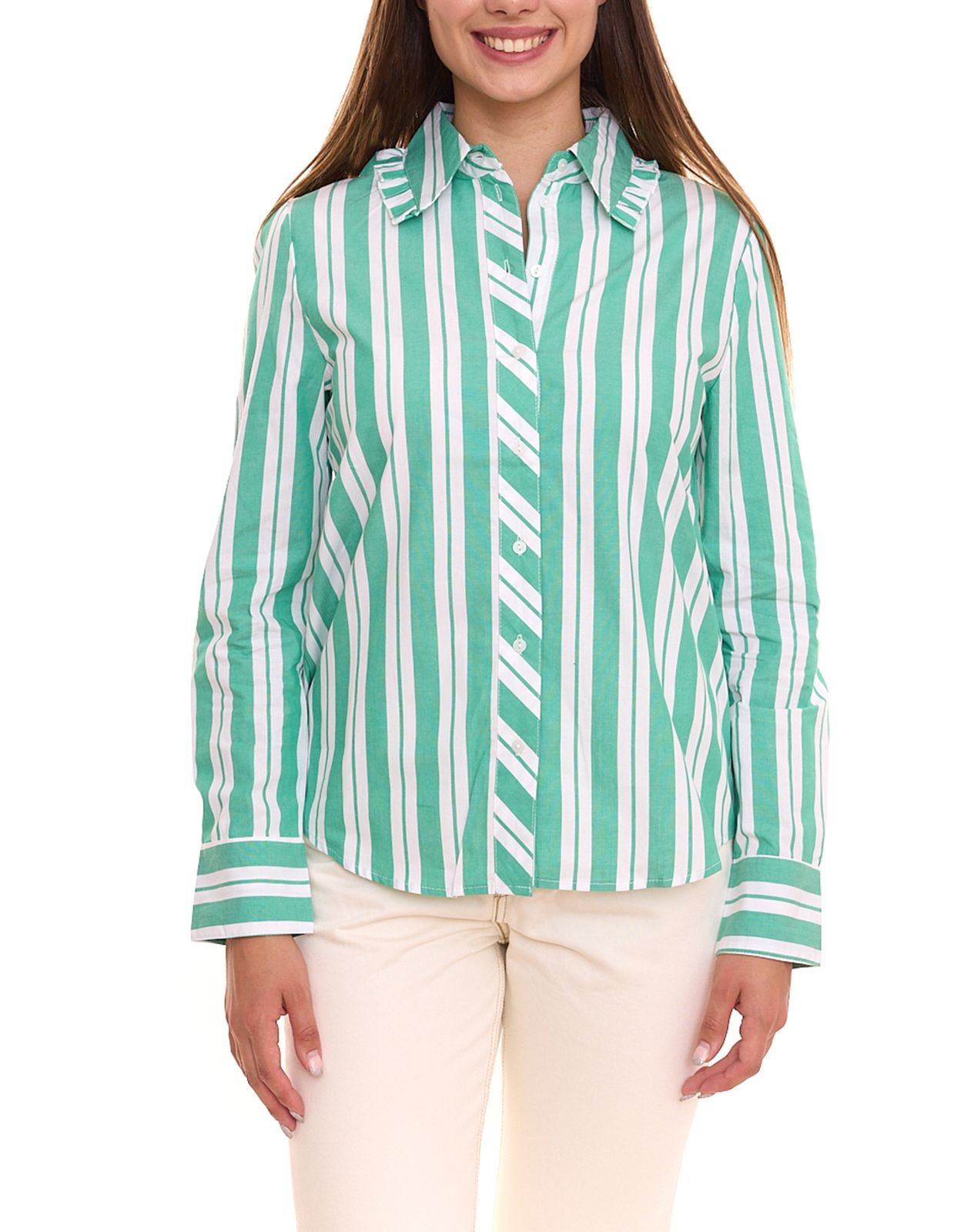AjC Damen Bluse gestreiftes Langarm-Shirt Baumwolle mit kleinen Rüschen 36148235 Grün/Weiß