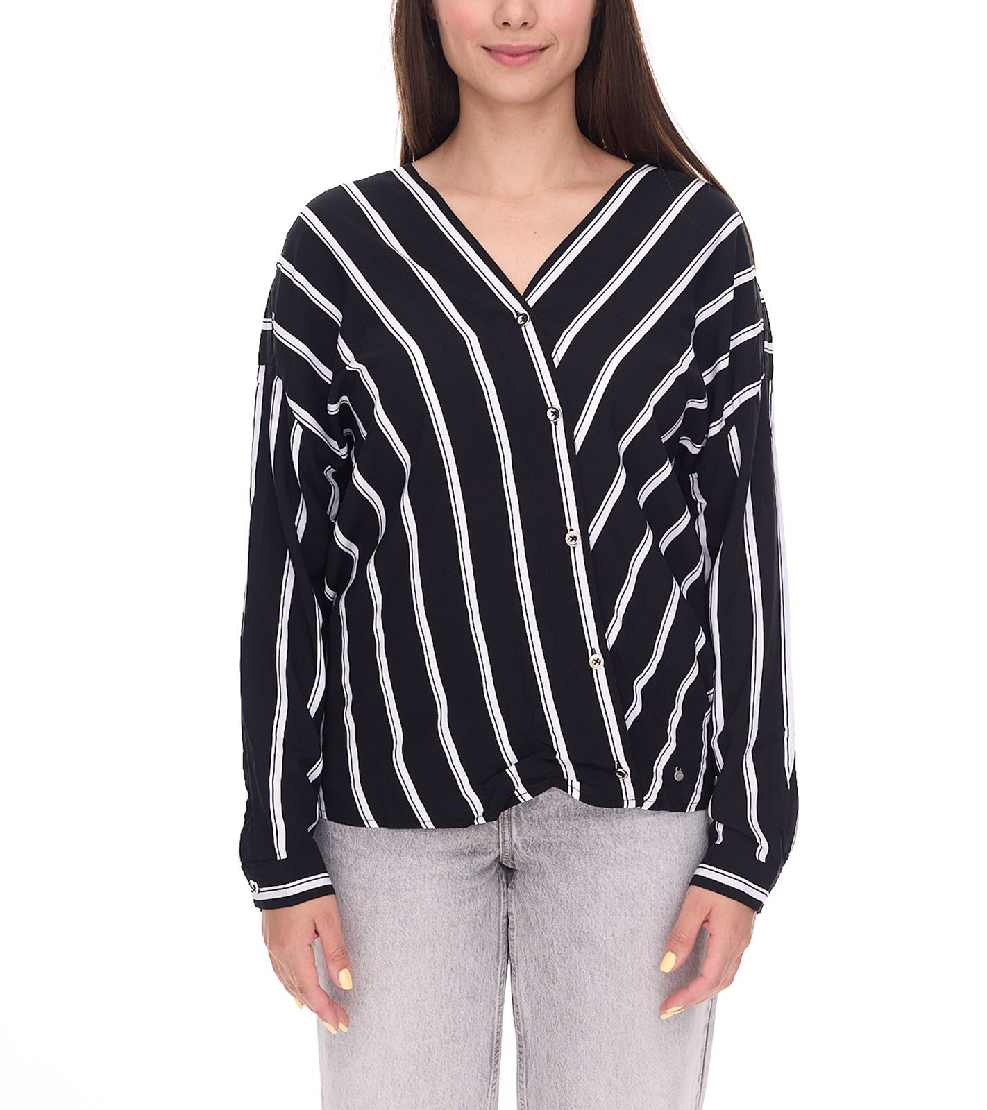 AjC Damen gestreifte Wickelbluse leichte Sommer-Bluse Freizeit-Bluse mit Knopfleiste 29937205 Schwarz/Weiß