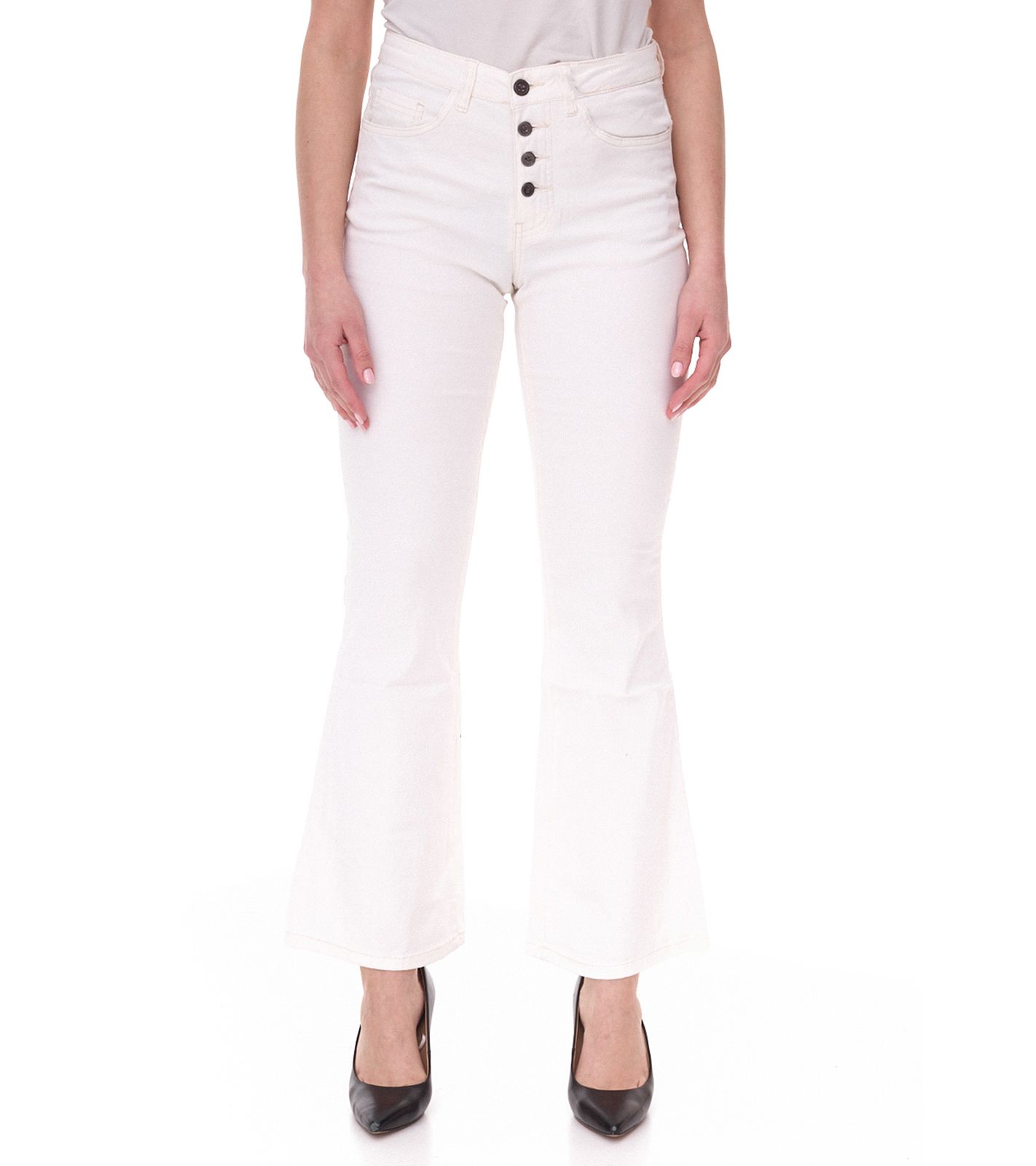 AjC Damen High Waist Jeans Baumwoll-Hose Bootcut Hose mit Knopfdetails 5-Pocket 54416149 Wollweiß