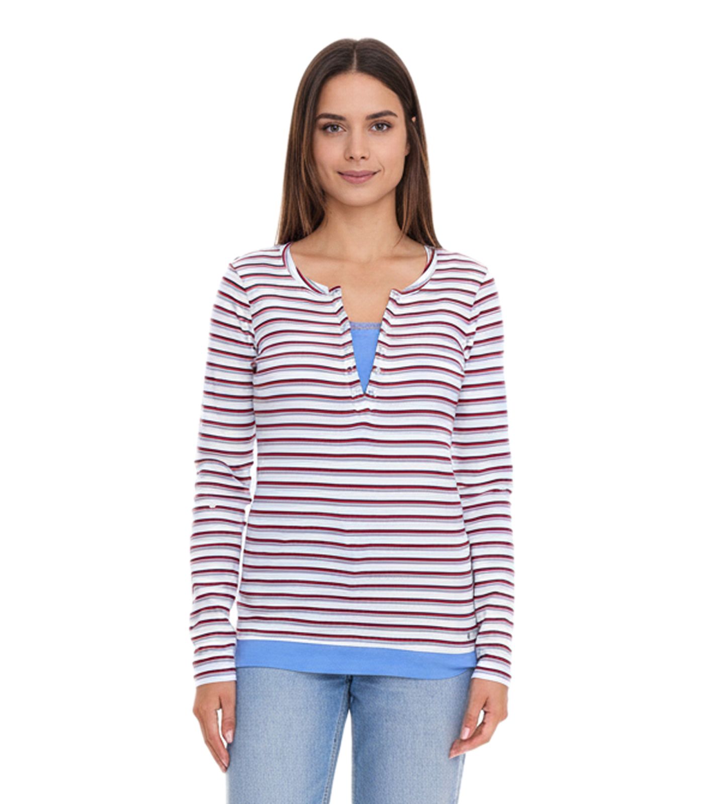 AjC Damen Langarm-Shirt mit Spitze figurbetontes Baumwoll-Shirt 12726709 Weiß/Blau/Rot