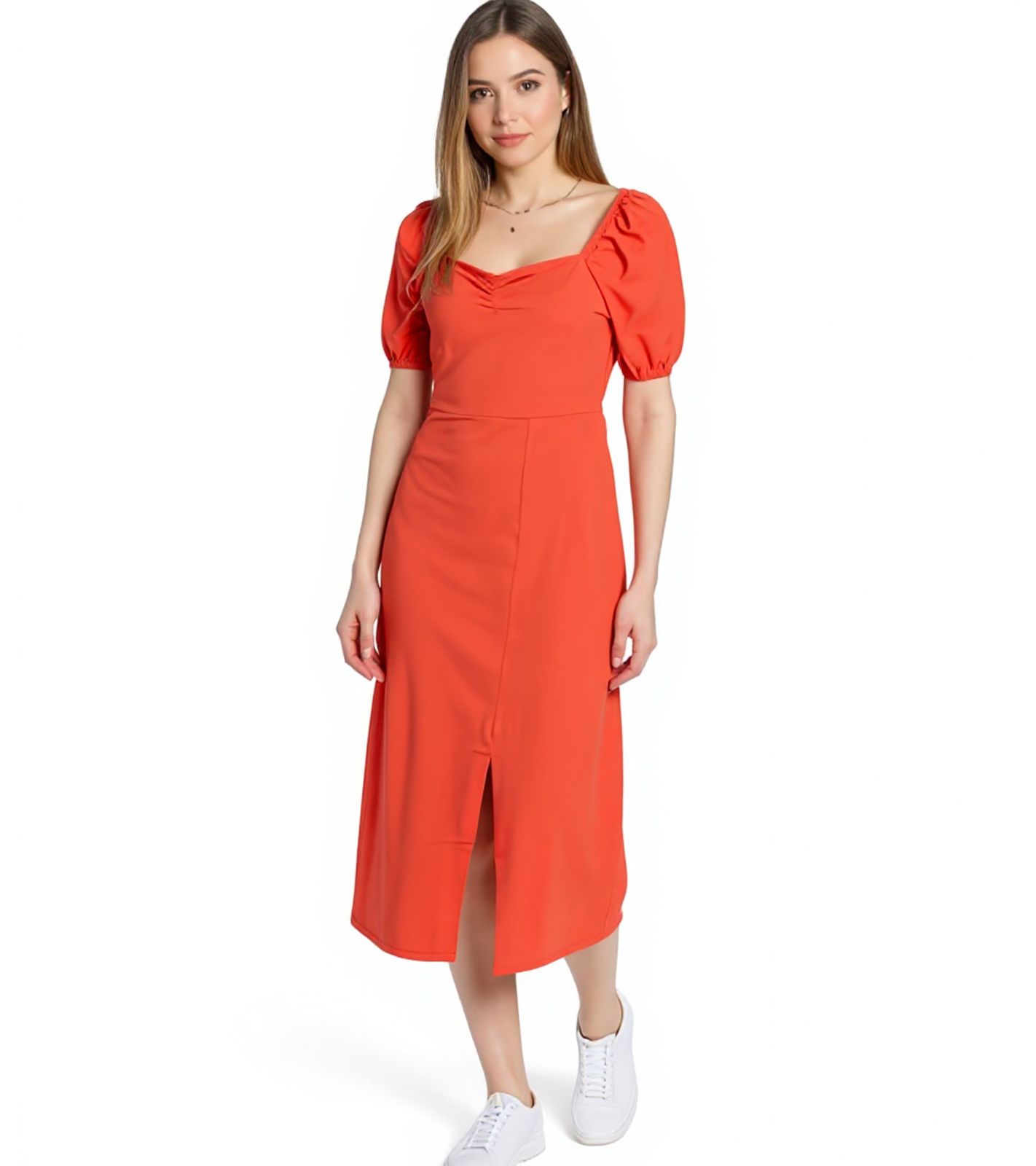 AJC Damen Midi-Kleid leichtes Baumwoll-Kleid mit Puffärmeln Sommer-Kleid 47018232 Rot
