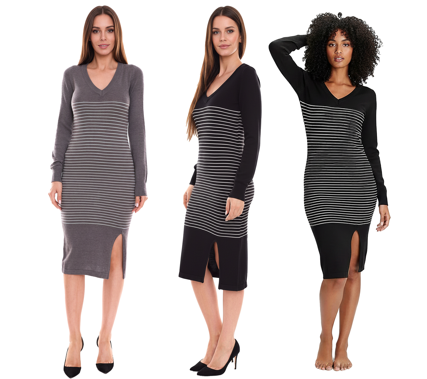 AjC Damen Pullover-Kleid gestreift Midi-Kleid Strick-Kleid in Grau, Schwarz oder Blau