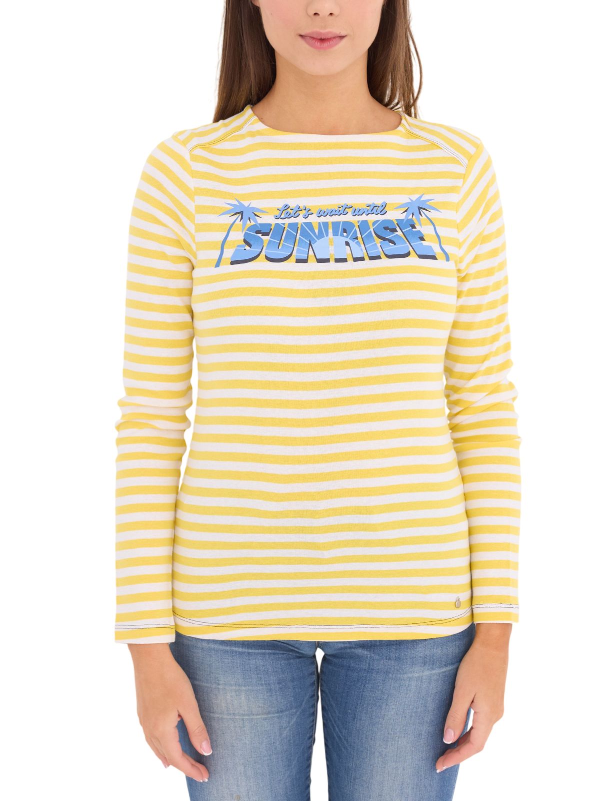 AjC Damen Shirt gestreiftes Langarm-Shirt Baumwolle mit Front-Print 67426709 Gelb/Weiß/Blau