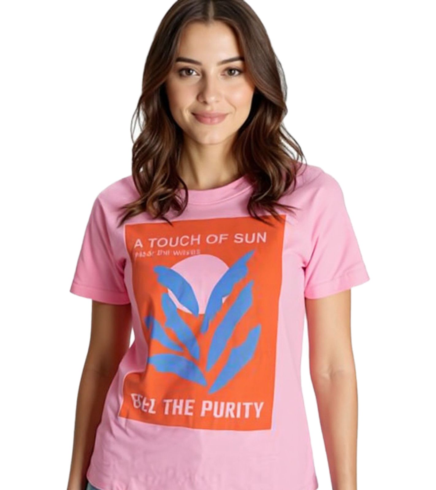 AjC Damen T-Shirt mit A Touch Of Sun-Druck kurzärmliges Sommer-Shirt Baumwolle 97900444 Rosa