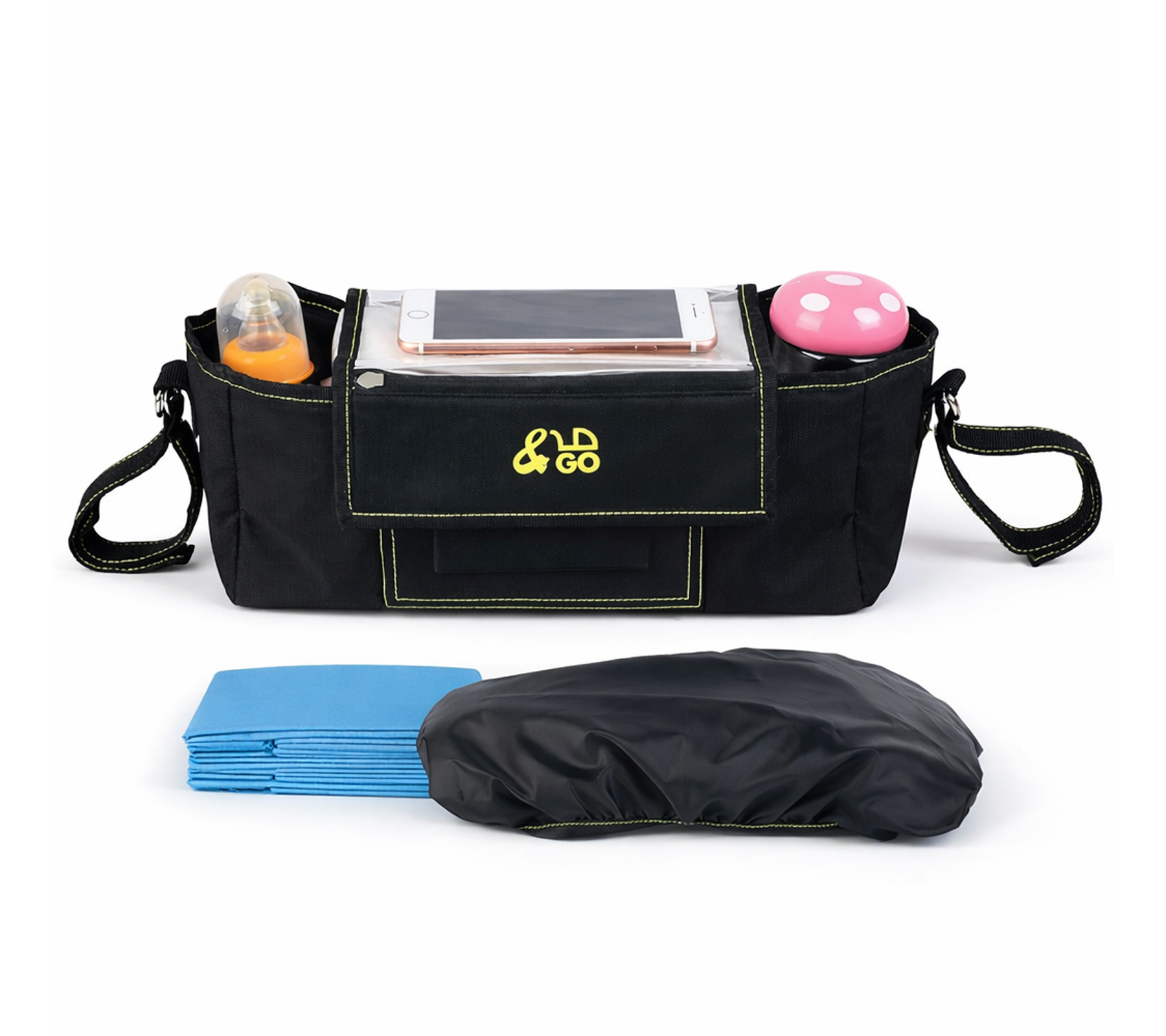 &GO Kinderwagen Organizer inkl. 5 Wickelunterlagen Universal Buggy Tasche mit transparentem Smartphone-Fach Regenschutz Getränkehalter & viel Stauraum Schwarz