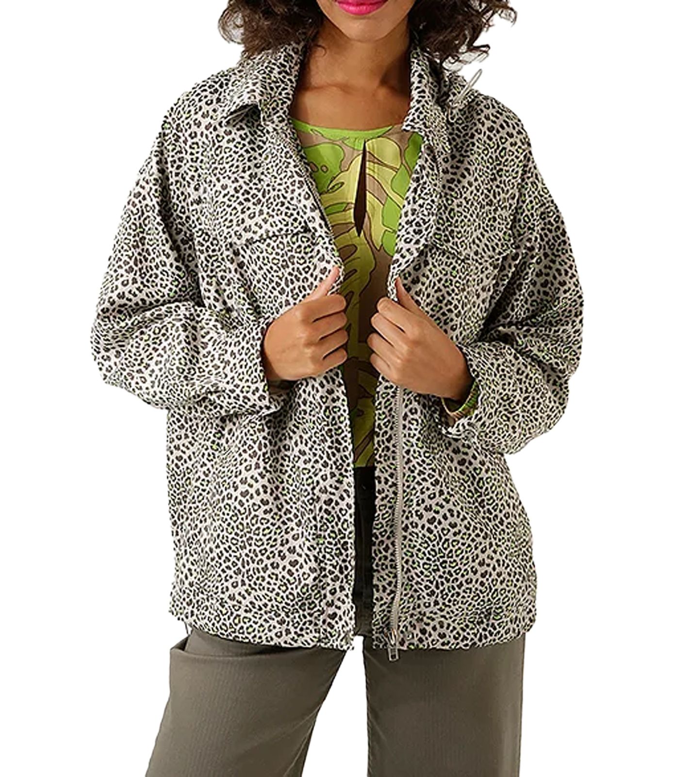 Aniston CASUAL Damen Jacke mit Leoparden-Print Übergangs-Jacke 98225532 Beige/Neon-Grün