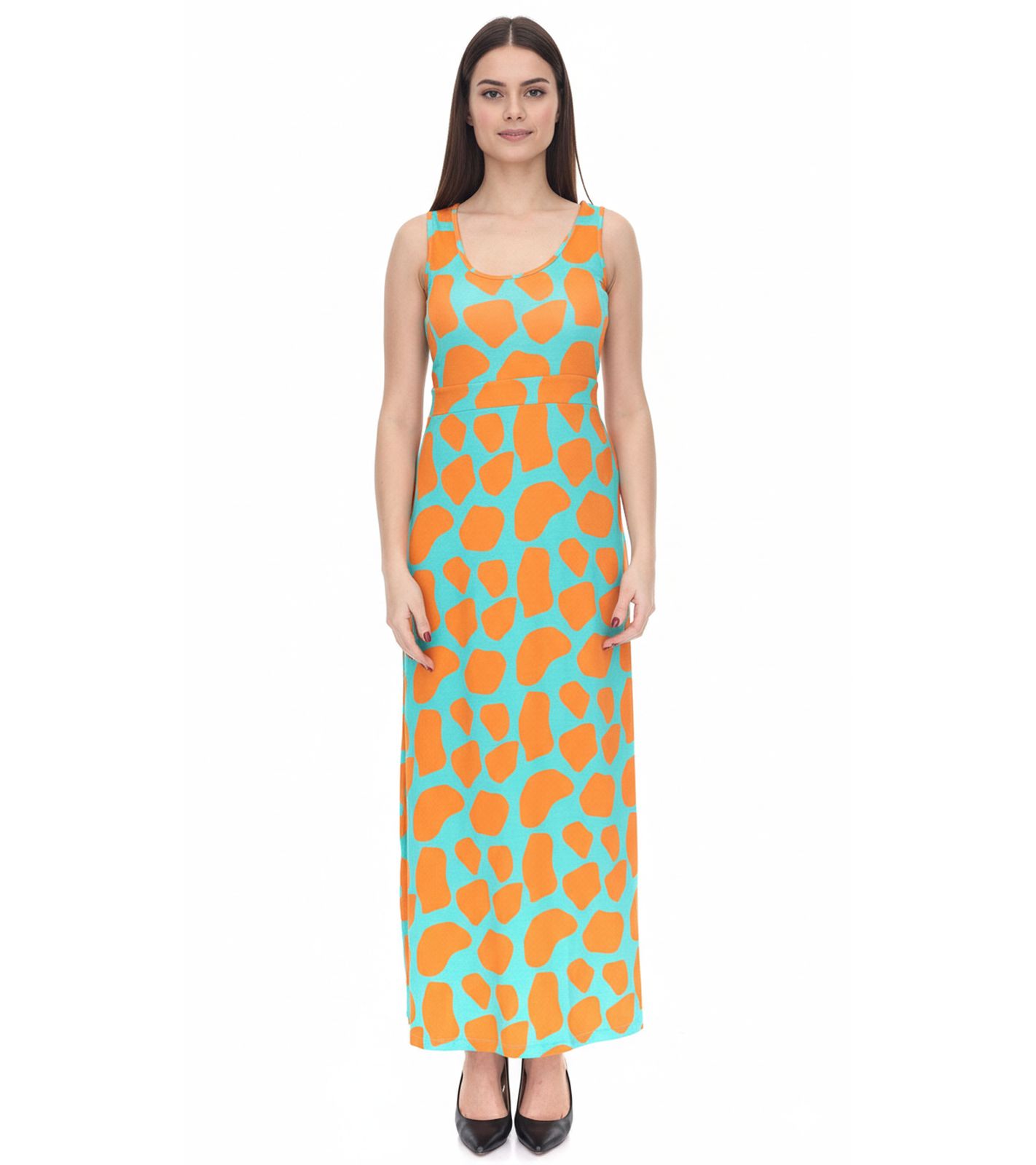 Aniston CASUAL Damen Jersey-Kleid mit farbenfrohen Druck Maxi-Kleid Türkis/Orange