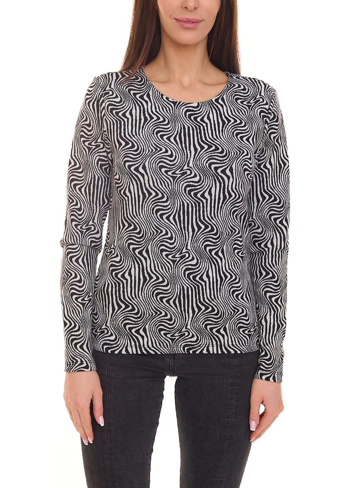 Aniston CASUAL Damen Langarm-Bluse stylische Damen Bluse mit Allover-Muster 56117949 Schwarz/Weiß