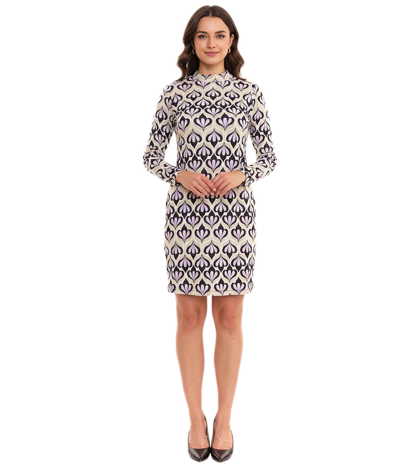 Aniston CASUAL Damen Midi-Kleid mit Allover-Print Langarm-Kleid mit Rückenausschnitt 86478136 Grün/Violett