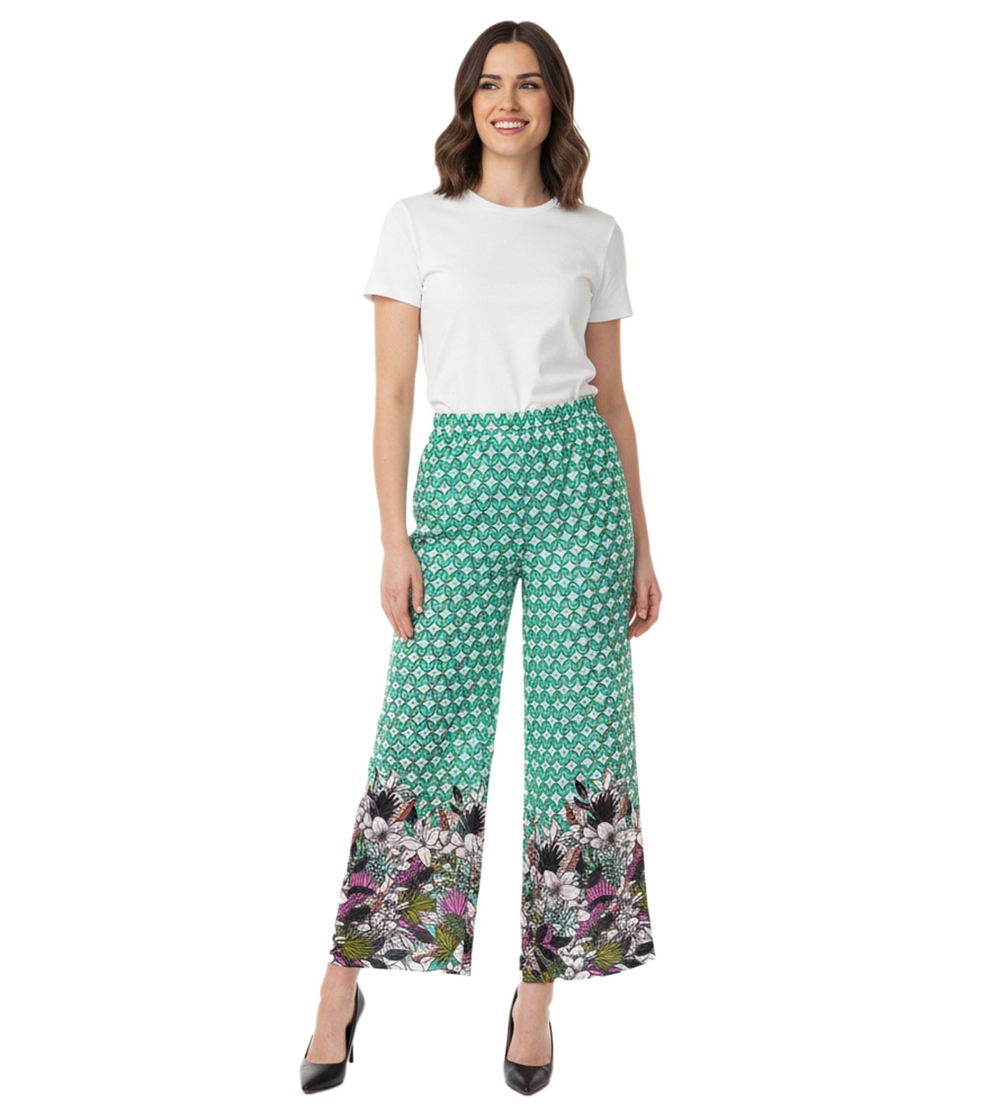 Aniston CASUAL Damen Schlupf-Hose bequeme Sommer-Hose mit Allover Blumen-Muster 76938501 Grün