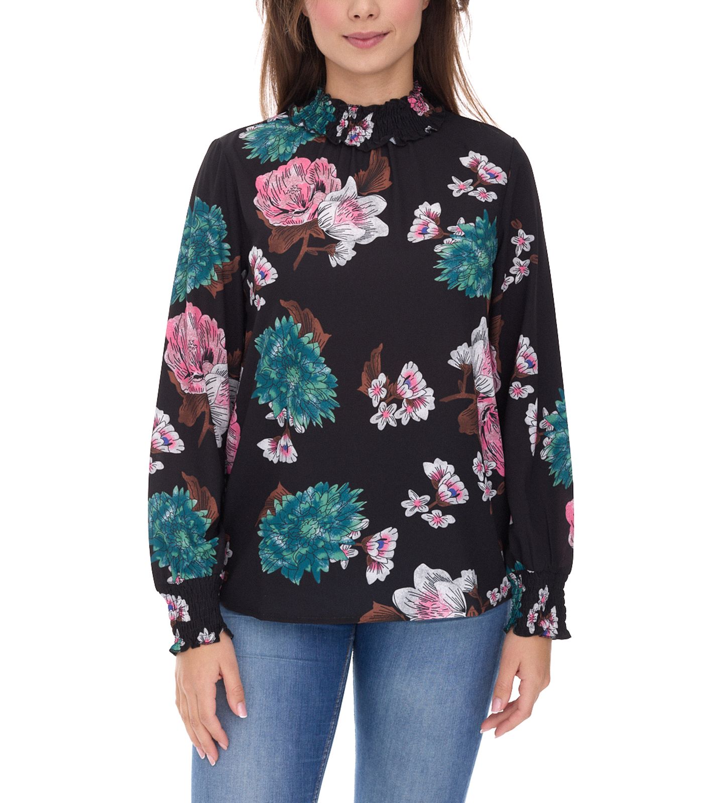 Aniston CASUAL Damen Sommer-Bluse mit floralem Muster Langarm-Shirt 11049069 Schwarz/Rosa/Grün