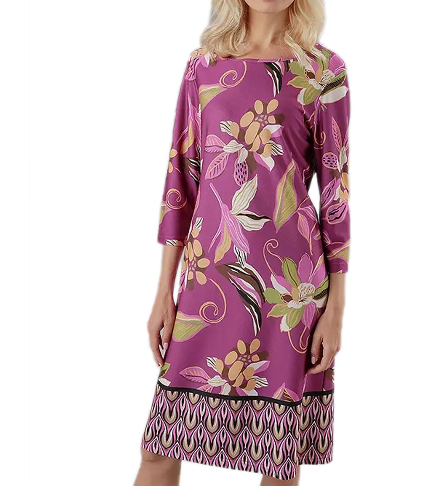 Aniston CASUAL Damen Sommer-Kleid mit Blumen und Blätter Print Mini-Kleid Langarm-Kleid 75319669 Lila/Grün/Beige