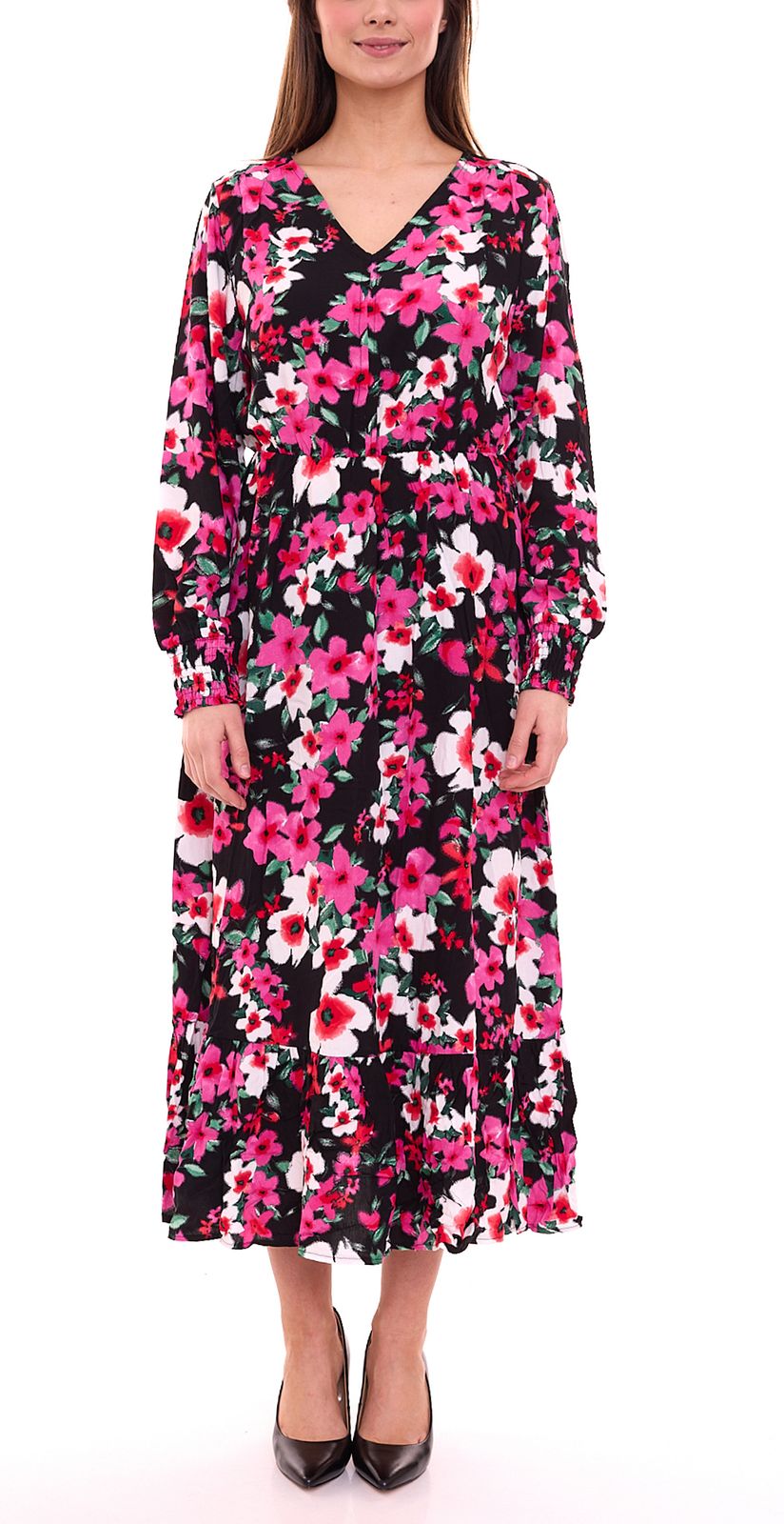 Aniston CASUAL Damen Sommer-Kleid sommerliches Maxi-Kleid mit Blumendruck Langarm-Kleid 23866029 Rosa/Schwarz