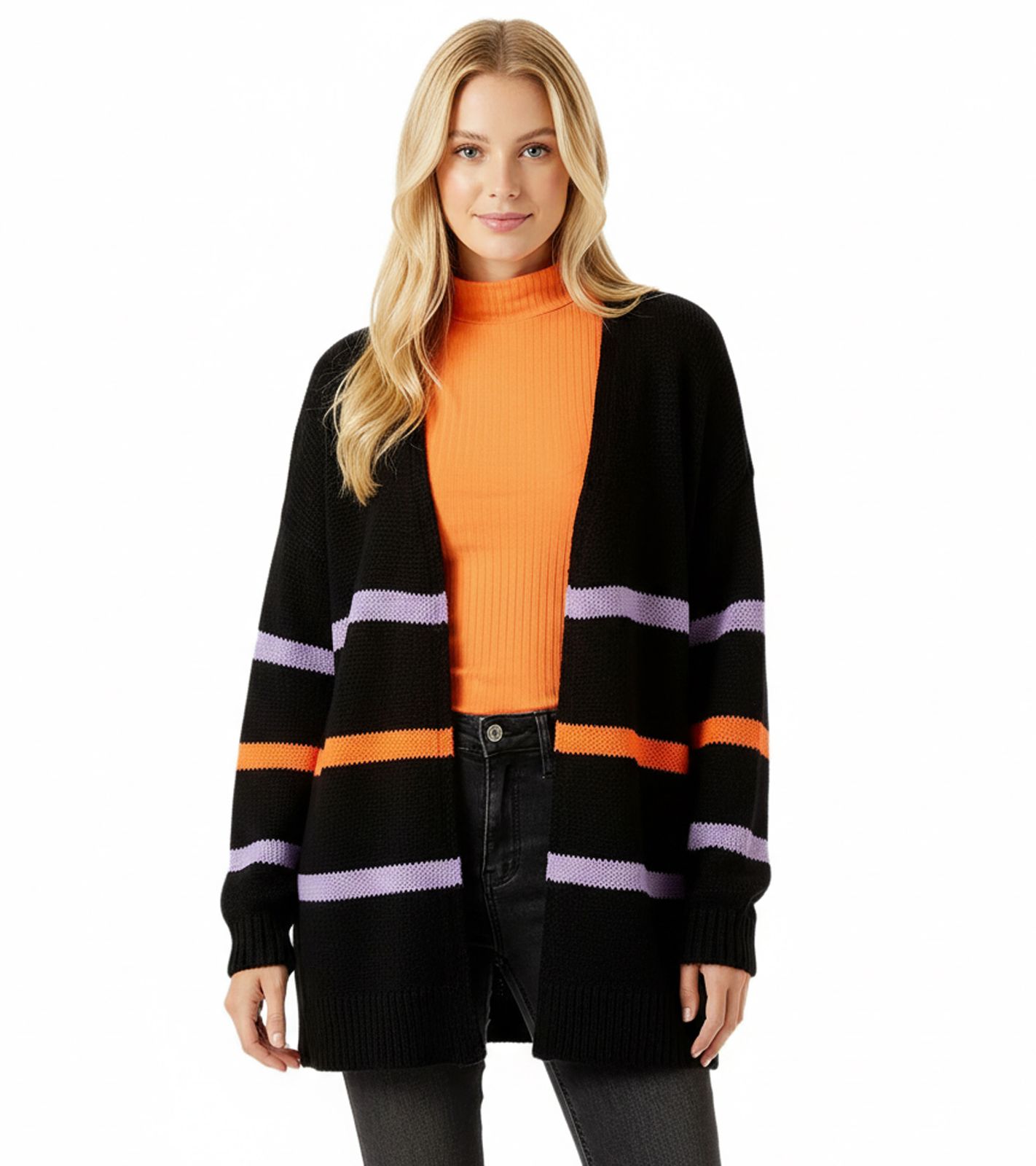 Aniston CASUAL Damen Strick-Jacke modischer Cardigan mit farbigen Streifen 95448519 Schwarz/Orange/Lila