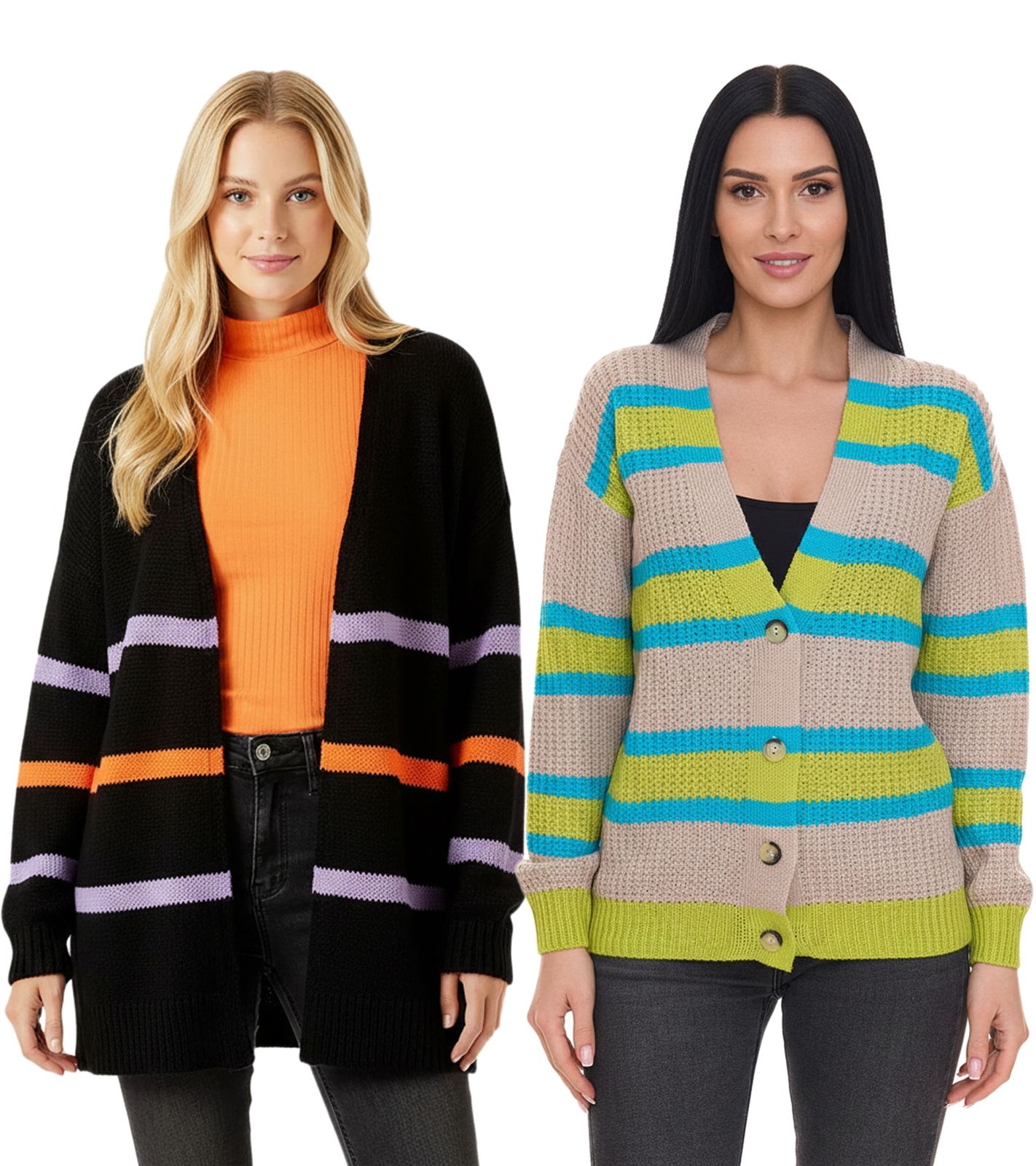Aniston CASUAL Damen Strick-Jacke modischer Cardigan mit Knopf-Verschluss und Kontrastfarbigen Streifen in Beige/Blau/Grün oder Schwarz/Orange/Lila