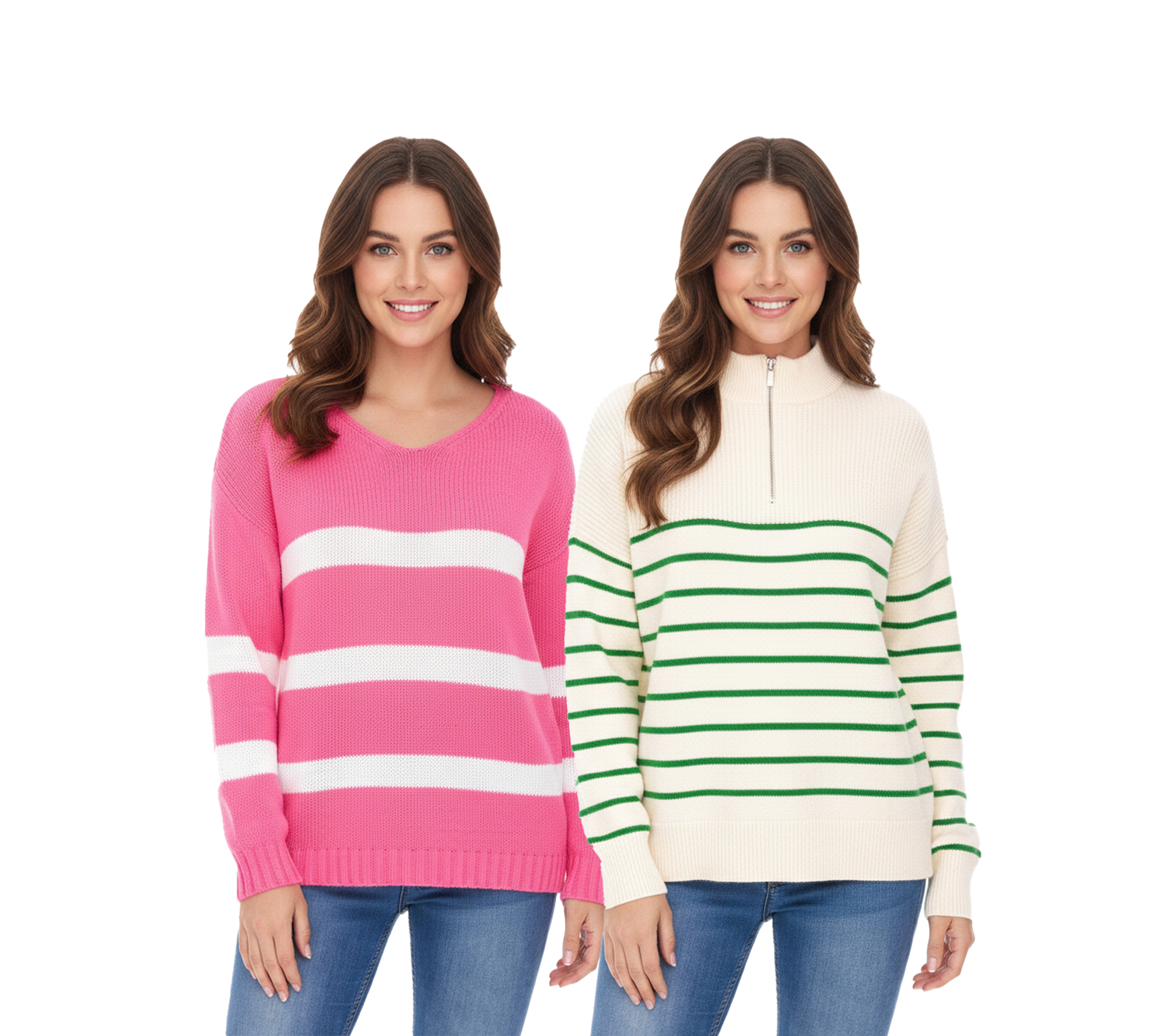 Aniston CASUAL Damen Strick-Pullover gestreifter Alltags-Pullover Langarm-Shirt in Rosa/Weiß und Beige/Grün