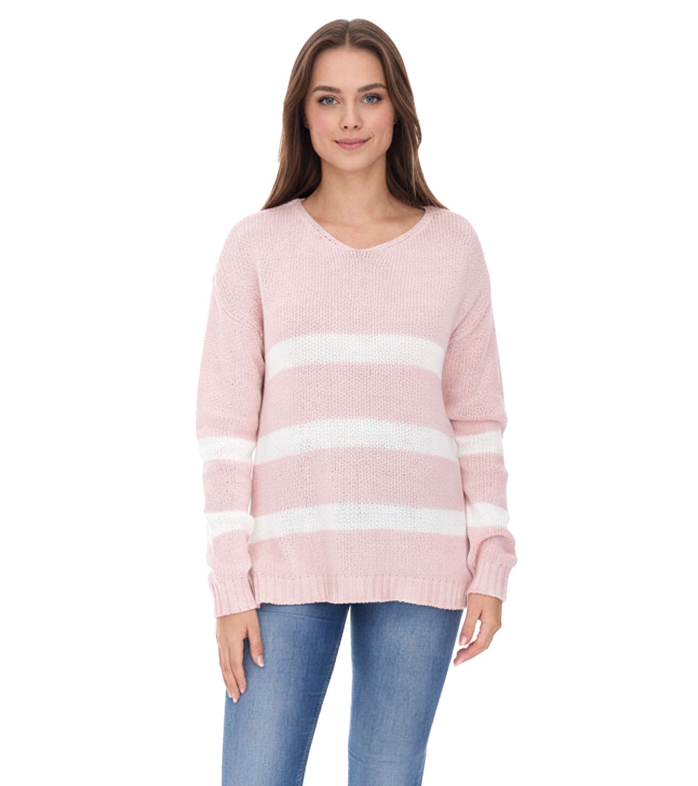 Aniston CASUAL Damen Strick-Pullover mit Baumwollanteil Alltags-Pullover Langarm-Shirt 74491342 Rosa/Weiß