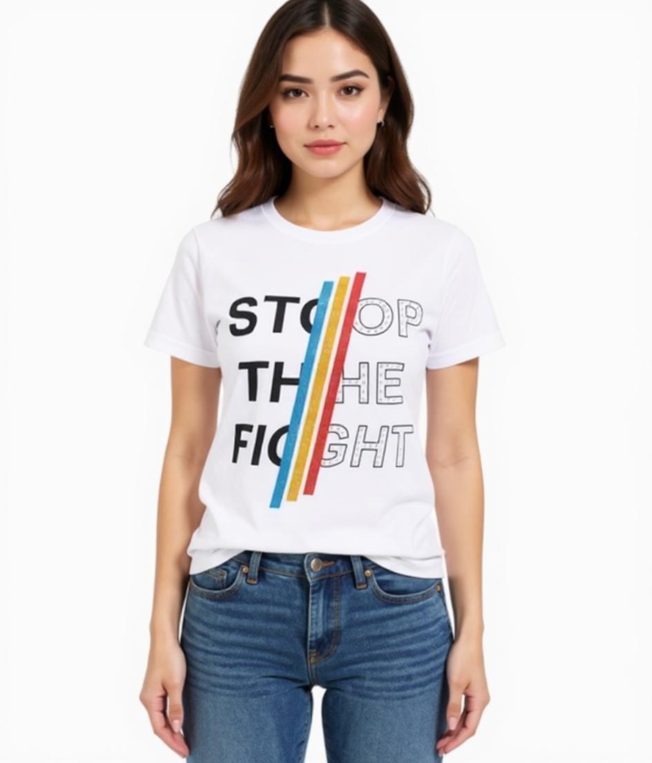 Aniston CASUAL Kurzarm-Shirt Damen Baumwoll-T-Shirt mit STOP THE FIGHT Schriftzug 2281 4642 Weiß