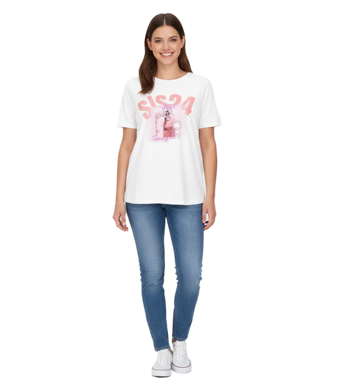 Aniston CASUAL T-Shirt Damen Baumwoll-T-Shirt mit SIS24 Schriftzug Kurzarm 85719030 Ecru-Weiß