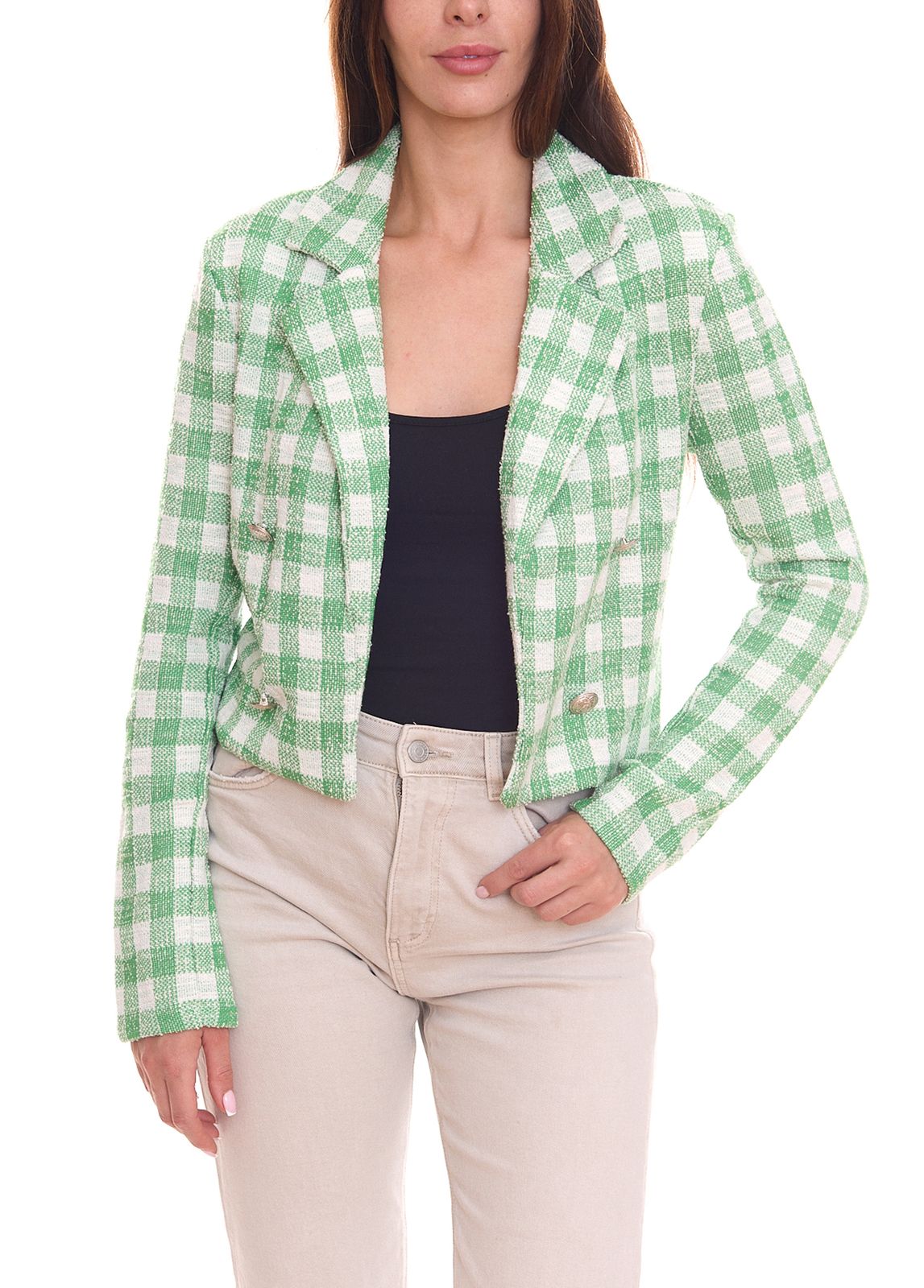 Aniston CASUALS Damen Blazer karierter Kurzblazer mit Zierknöpfen 98869141 Grün