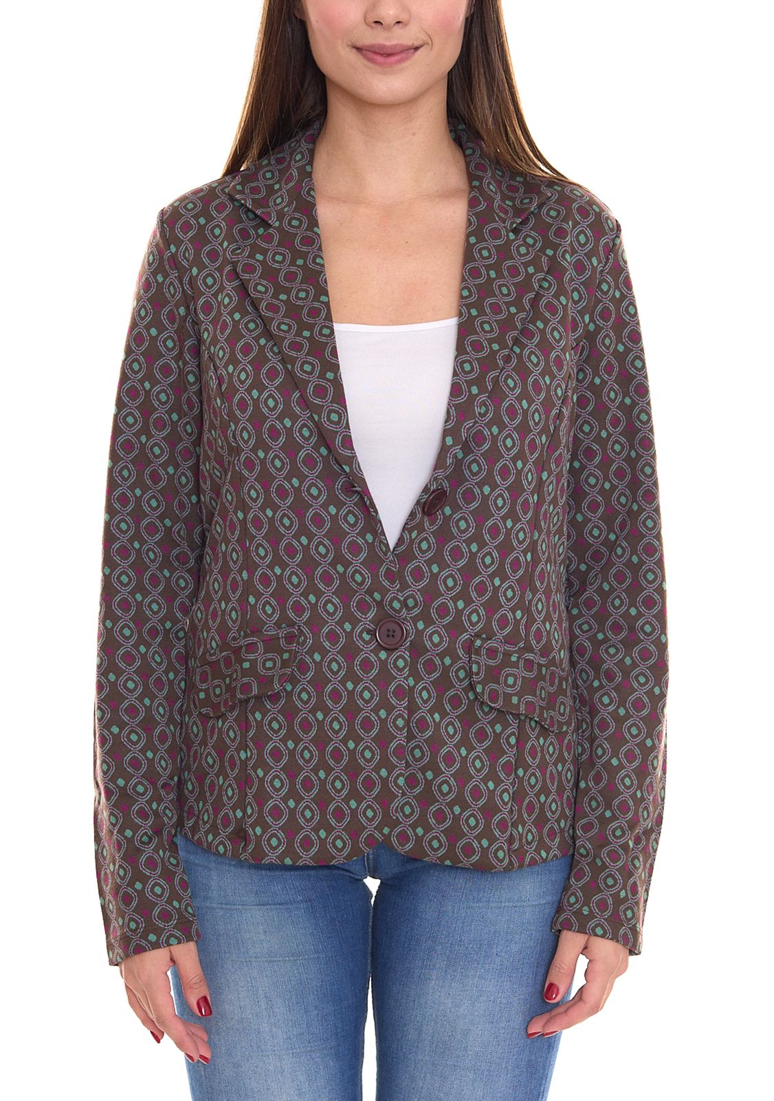 Aniston CASUALS Damen Blazer Kurz-Jacke mit Knöpfen 56919808 Grün/Braun