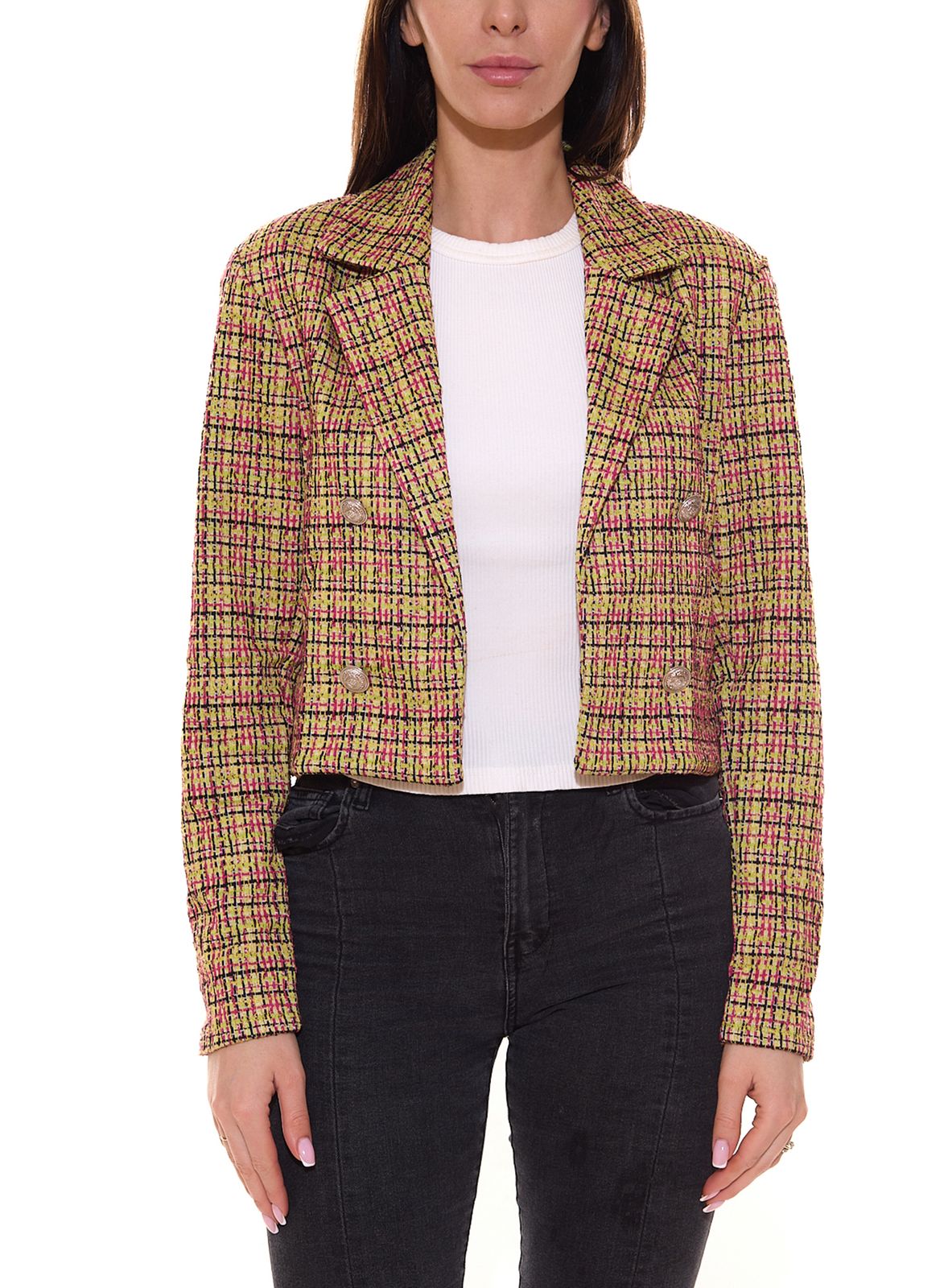 Aniston CASUALS Damen Blazer Kurzblazer mit Zierknöpfen 96699747 Grün/Bunt