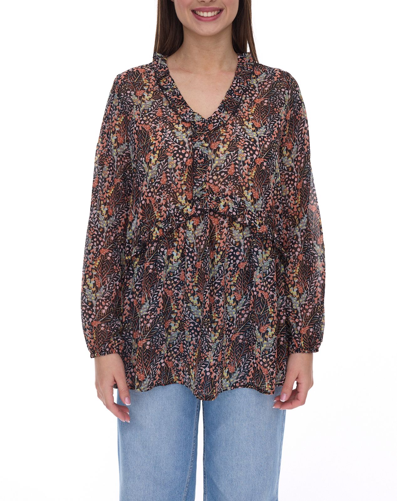 Aniston Damen Sommer-Bluse mit Rüschen-Details Langarm-Shirt mit Allover-Print Arbeits-Bluse 88608001 Braun/Grün/Schwarz