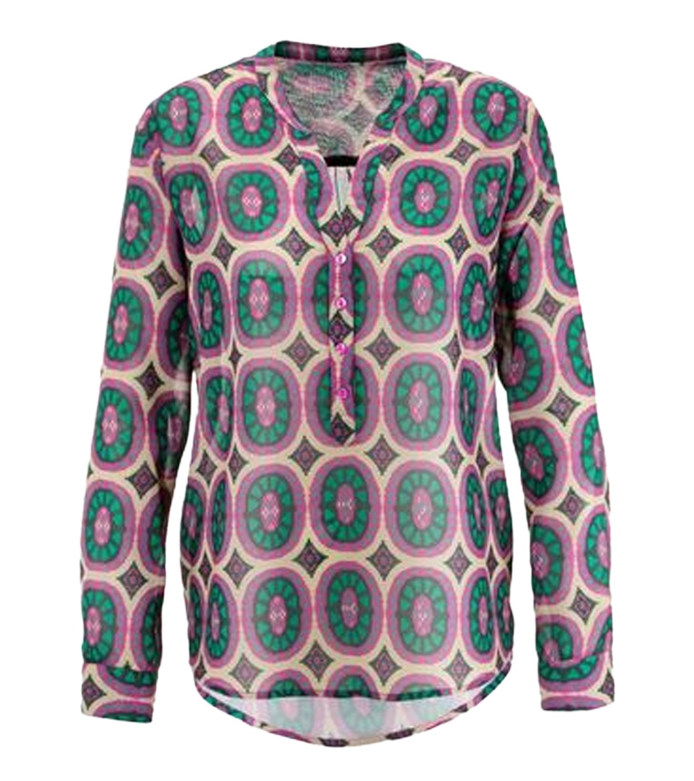 Aniston SELECTED Damen Bluse Sommer-Bluse modisches Langarm-Shirt 91819328 Grün/Lila/Beige