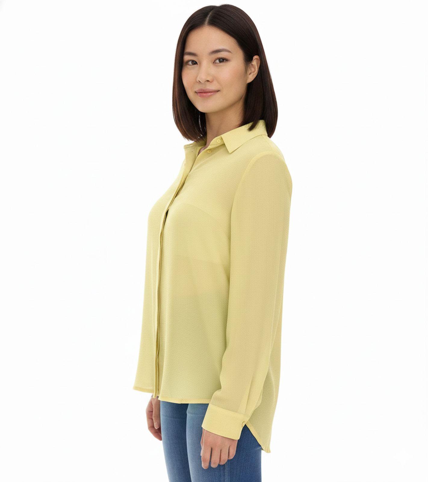 Aniston SELECTED Damen Sommer-Bluse Langarm-Shirt mit Kent-Kragen sommerliche Basic-Bluse 13456949 Gelb