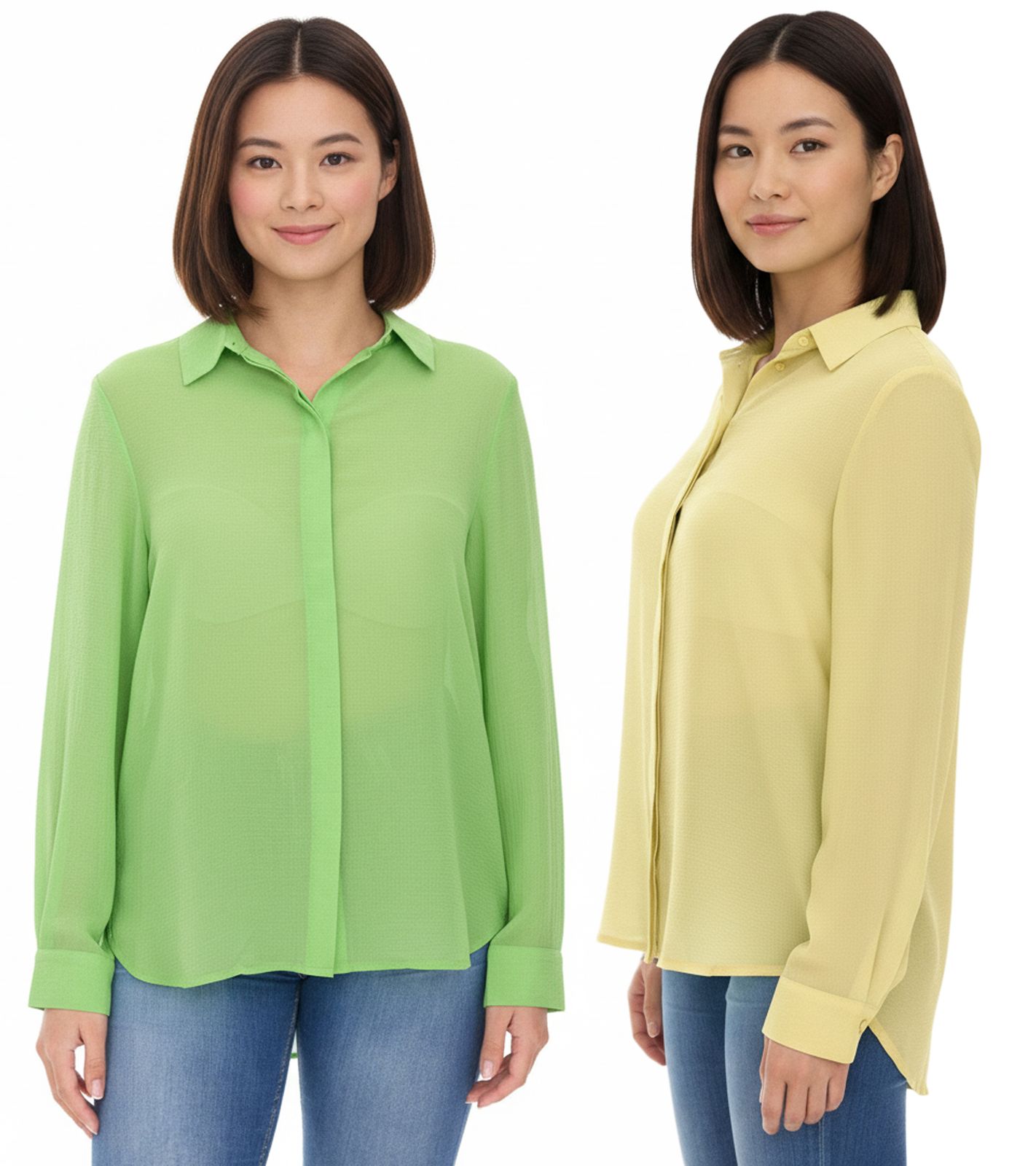 Aniston SELECTED Damen Sommer-Bluse Langarm-Shirt mit Kent-Kragen sommerliche Basic-Bluse Gelb oder Grün