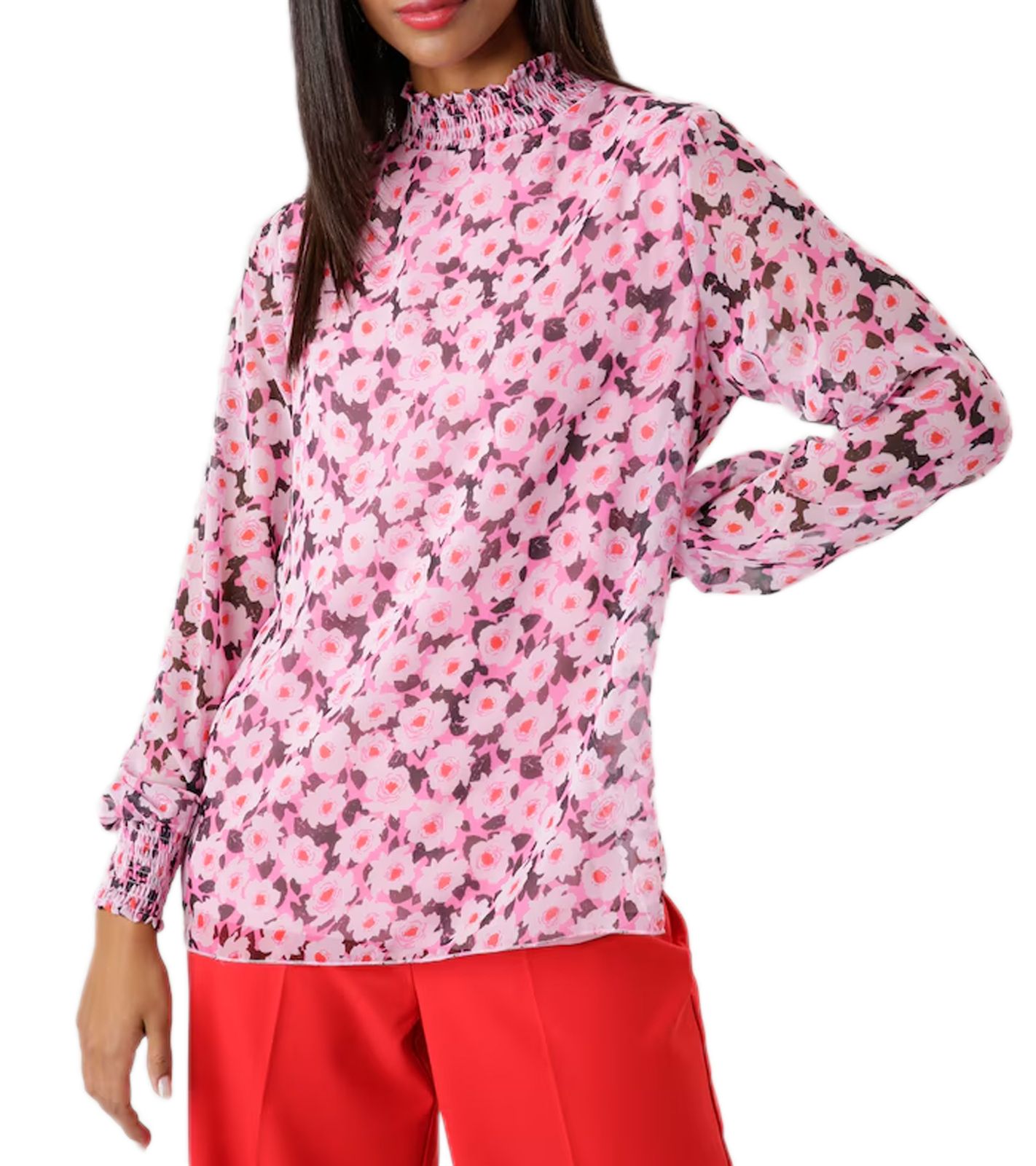 Aniston SELECTED Damen Sommer-Bluse mit Allover-Blumen-Print Langarm-Shirt mit durchsichtigen Ärmeln 45177117 Rosa/Schwarz