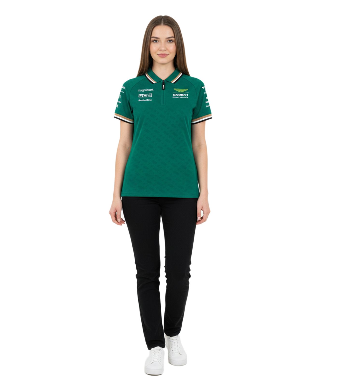 Aston Martin Formula 1 Damen Polo-Shirt mit Team-Logo auf der Brust und Sponsorenlogos auf den Ärmeln Baumwoll-Shirt 701229256 001 Grün