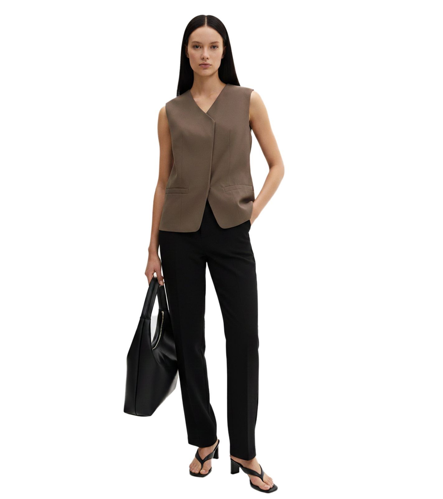 asymmetrische Damen Long-Weste mit Druckknöpfen mit Twillstruktur 911679 Oliv-Grün