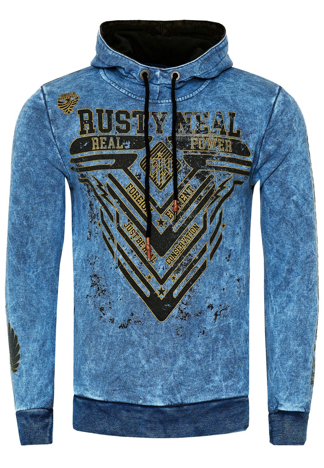 Auffälliger Herren Kapuzen-Pullover Oil-Washed Hoodie mit Grafik-Print Sweatshirt 19126 Sax-Blau