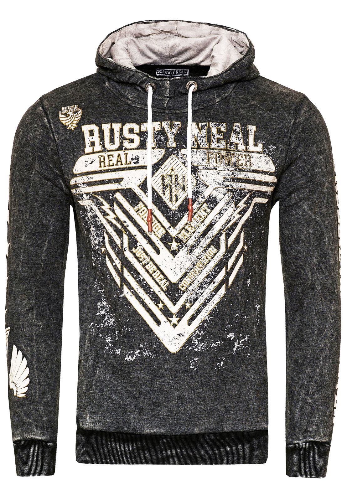 Auffälliger Herren Kapuzen-Pullover Oil-Washed Hoodie mit Grafik-Print Sweatshirt 19126 Schwarz