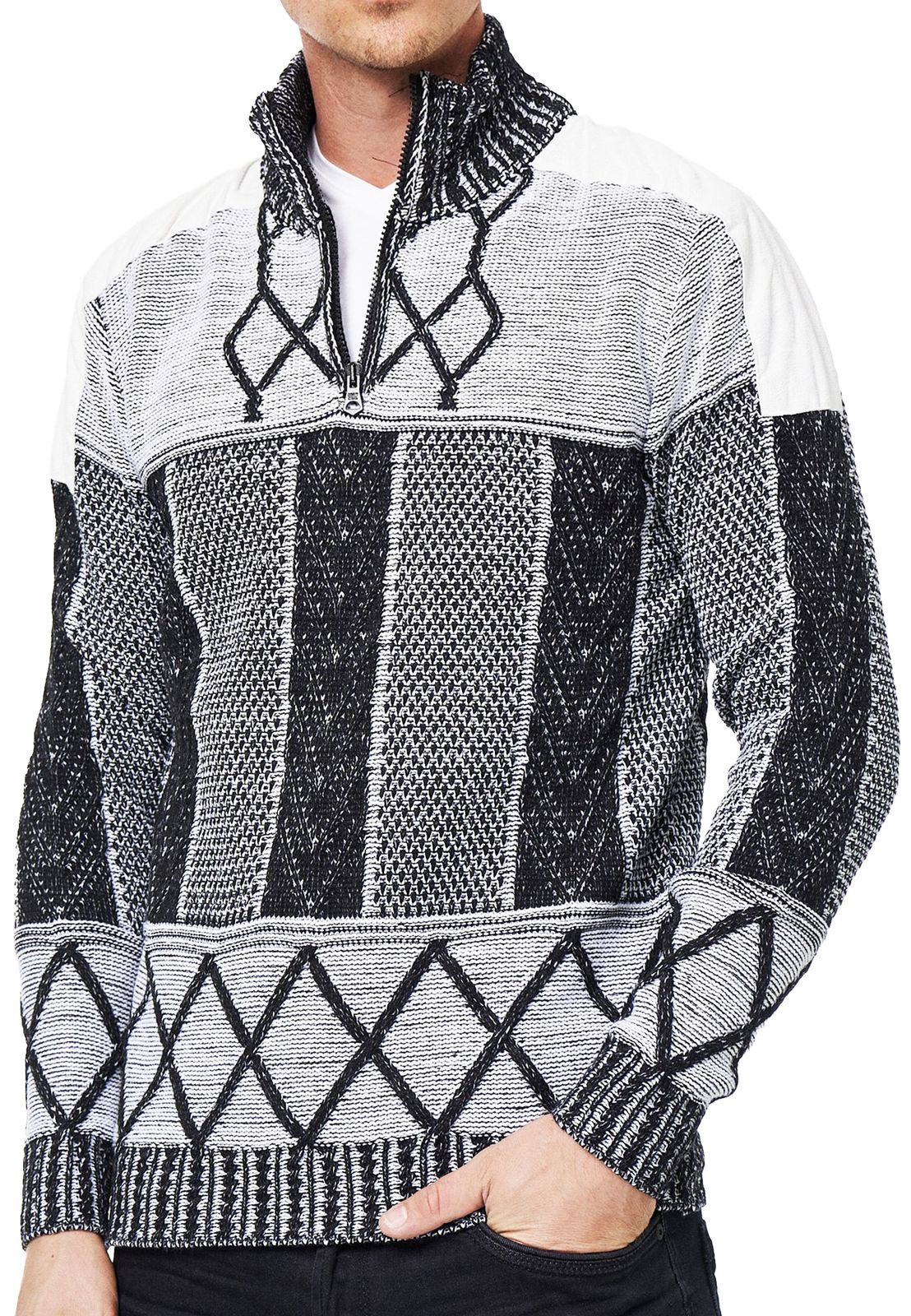 Ausgefallener Herren Strick-Pullover mit Stehkragen gemusterter Regular Fit Sweater 13388 Schwarz/Weiß