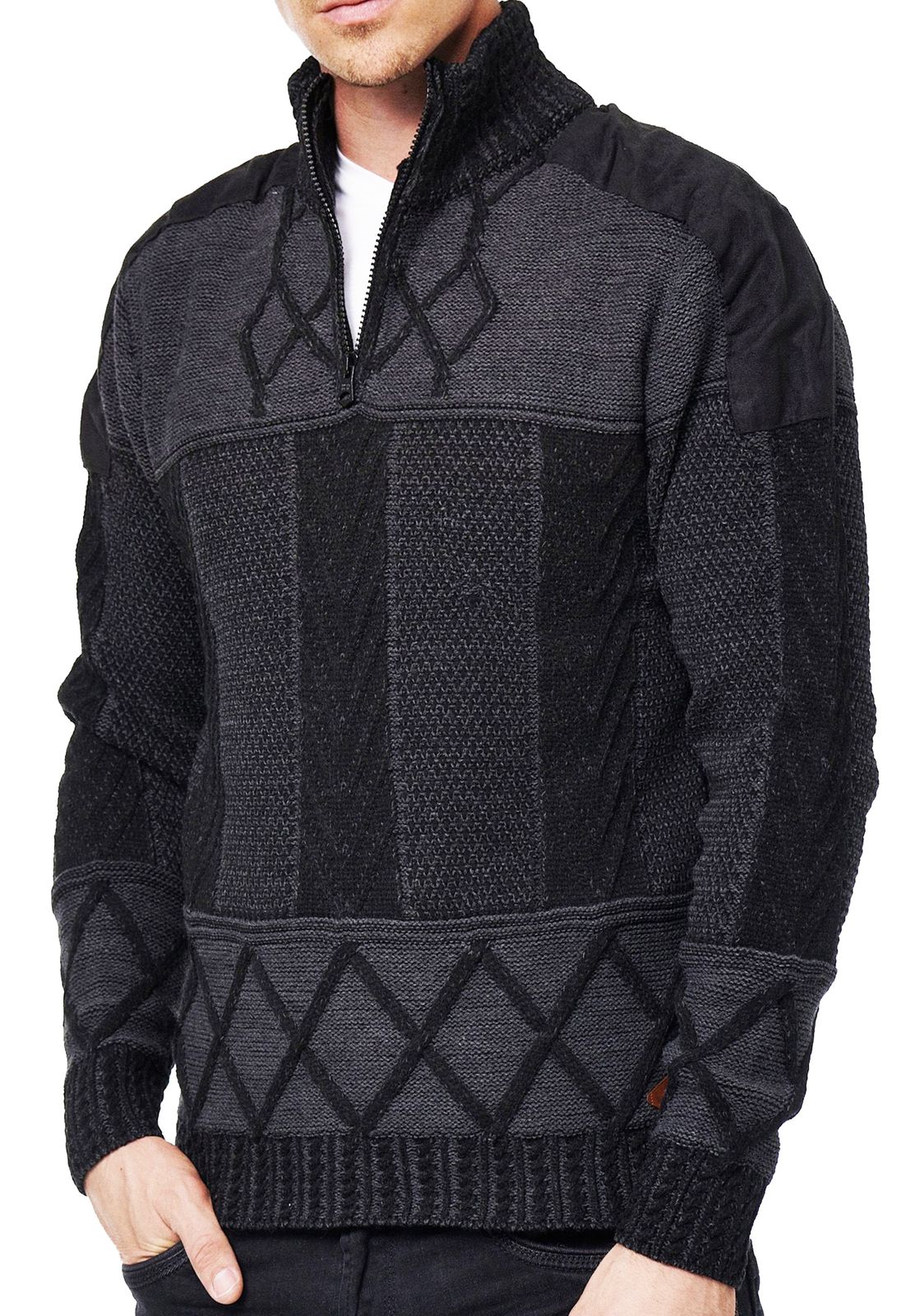 Ausgefallener Herren Strick-Pullover mit Stehkragen gemusterter Regular Fit Sweater 13388 Schwarz