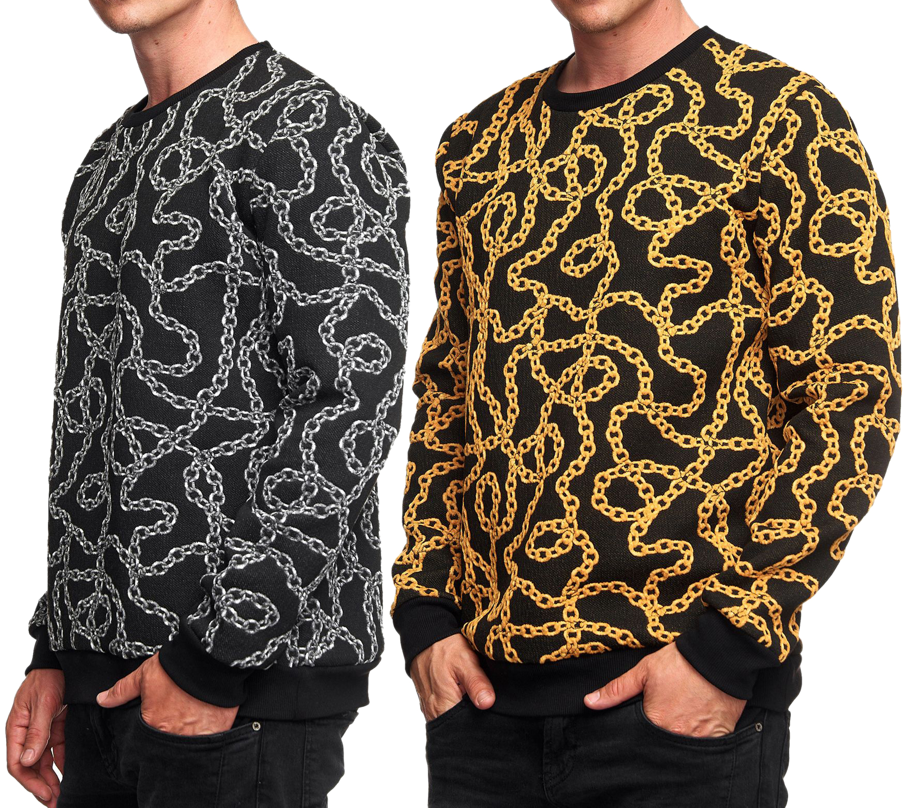 Ausgefallenes Sweatshirt für Herren mit Muster im Ketten-Design Rundhals-Pullover 19141 in Schwarz oder Gelb