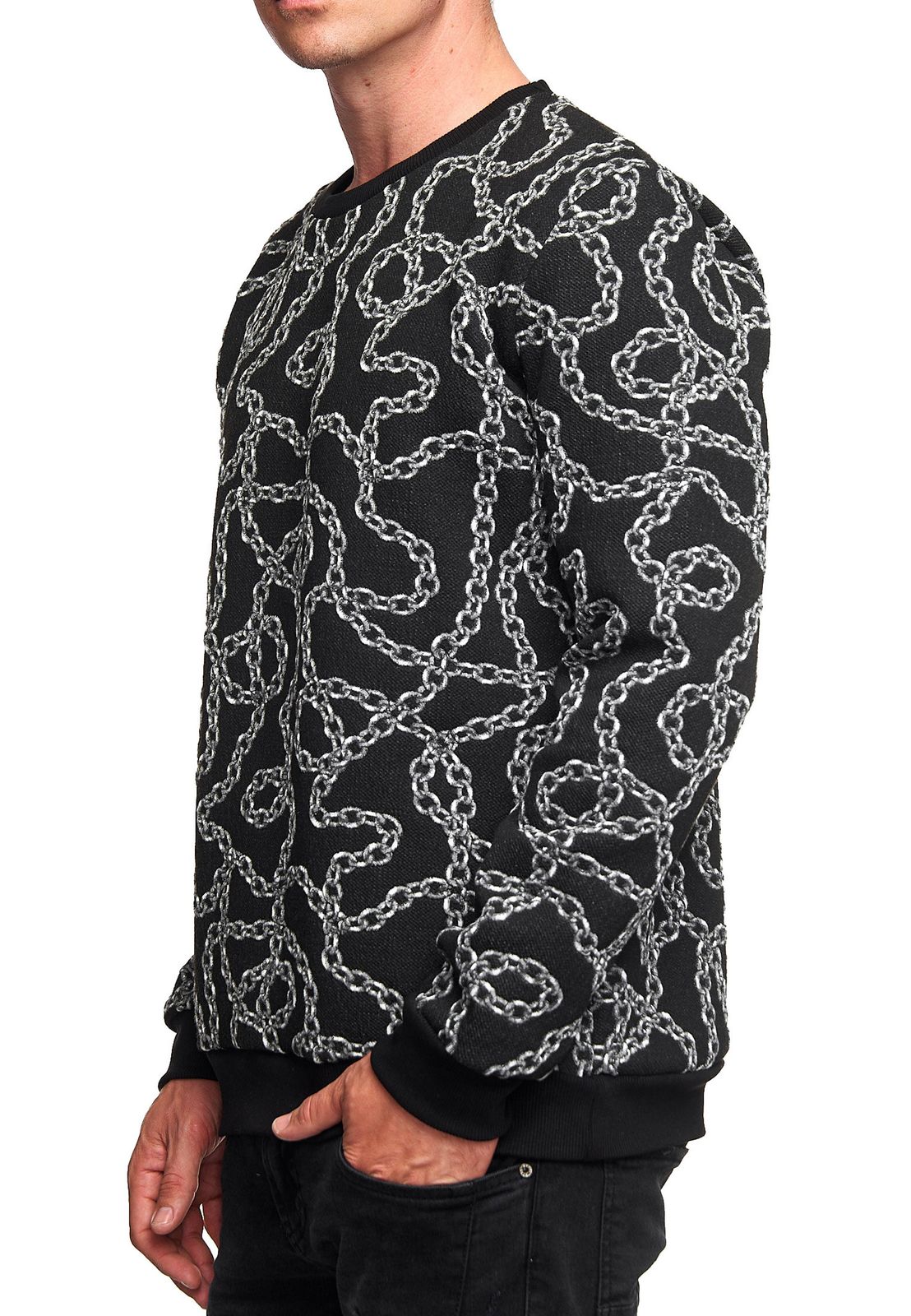 Ausgefallenes Sweatshirt für Herren mit Muster im Ketten-Design Rundhals-Pullover 19141 Schwarz