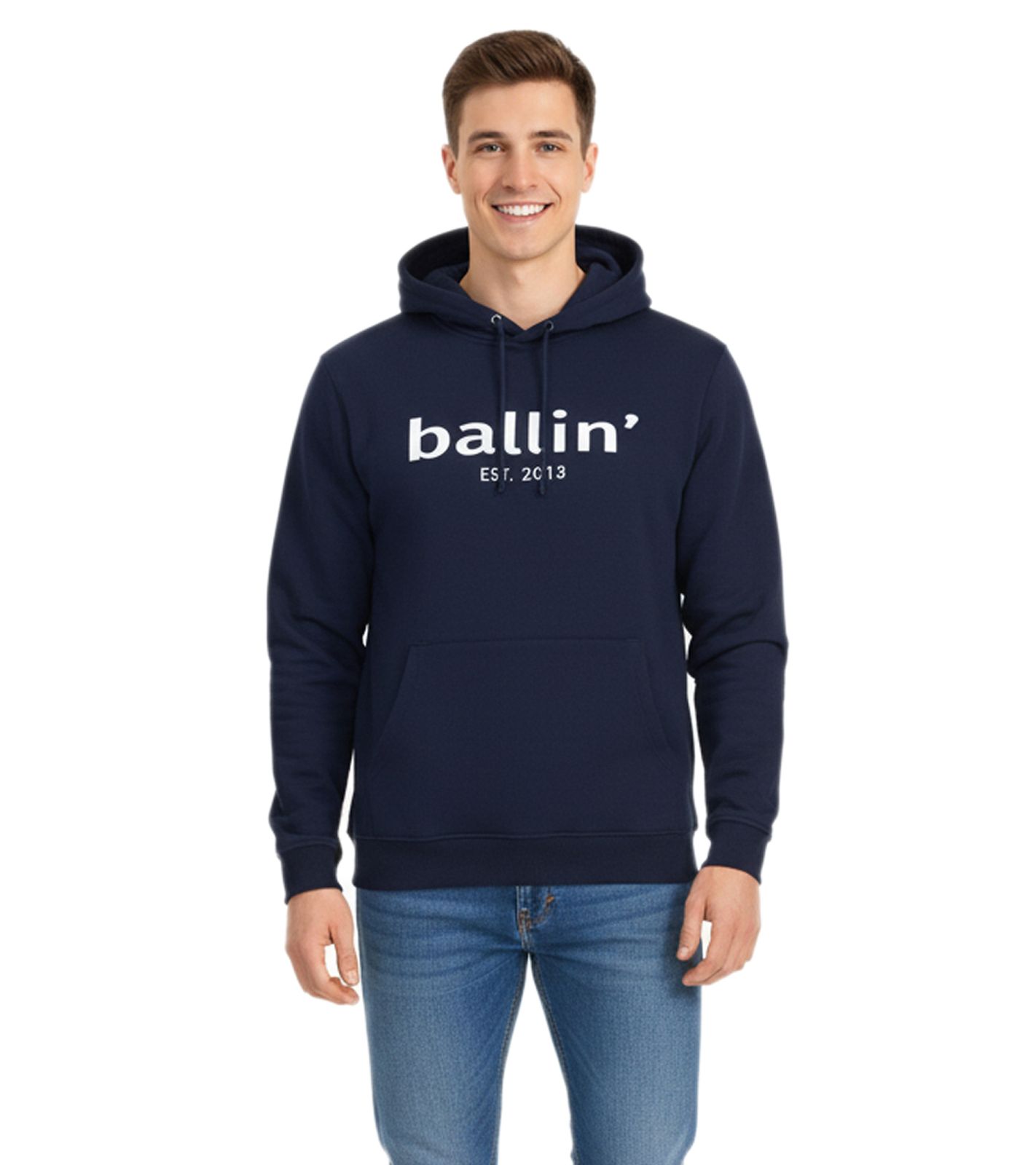 Ballin Est. 2013 Herren Kapuzen-Pullover nachhaltiger Sweat-Hoodie mit Logo-Schriftzug auf der Front HO-H00050-NVY Navy
