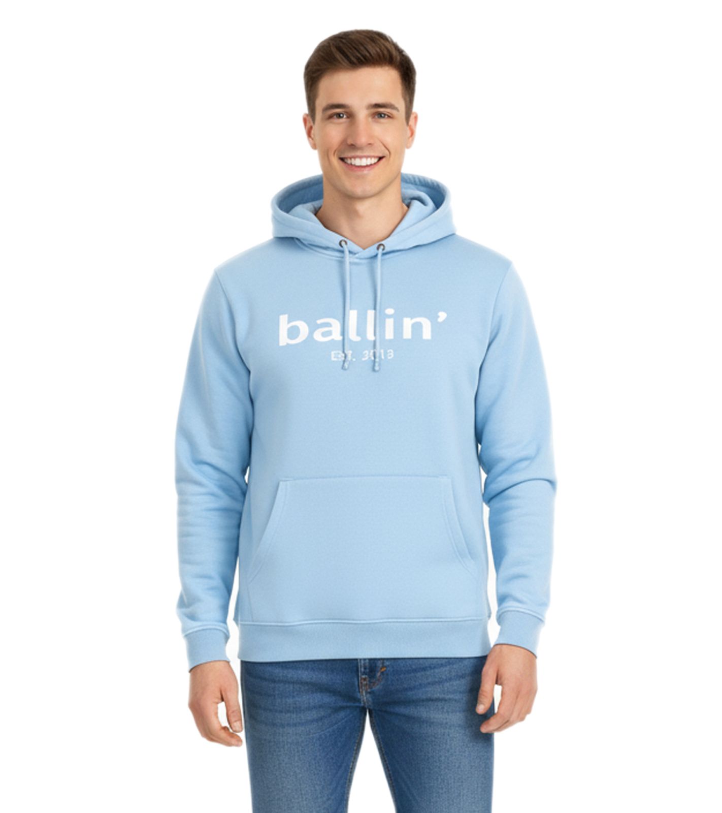 Ballin Est. 2013 Herren Kapuzen-Pullover nachhaltiger Sweat-Hoodie mit Logo-Schriftzug auf der Front HO-H00050-SKY Blau