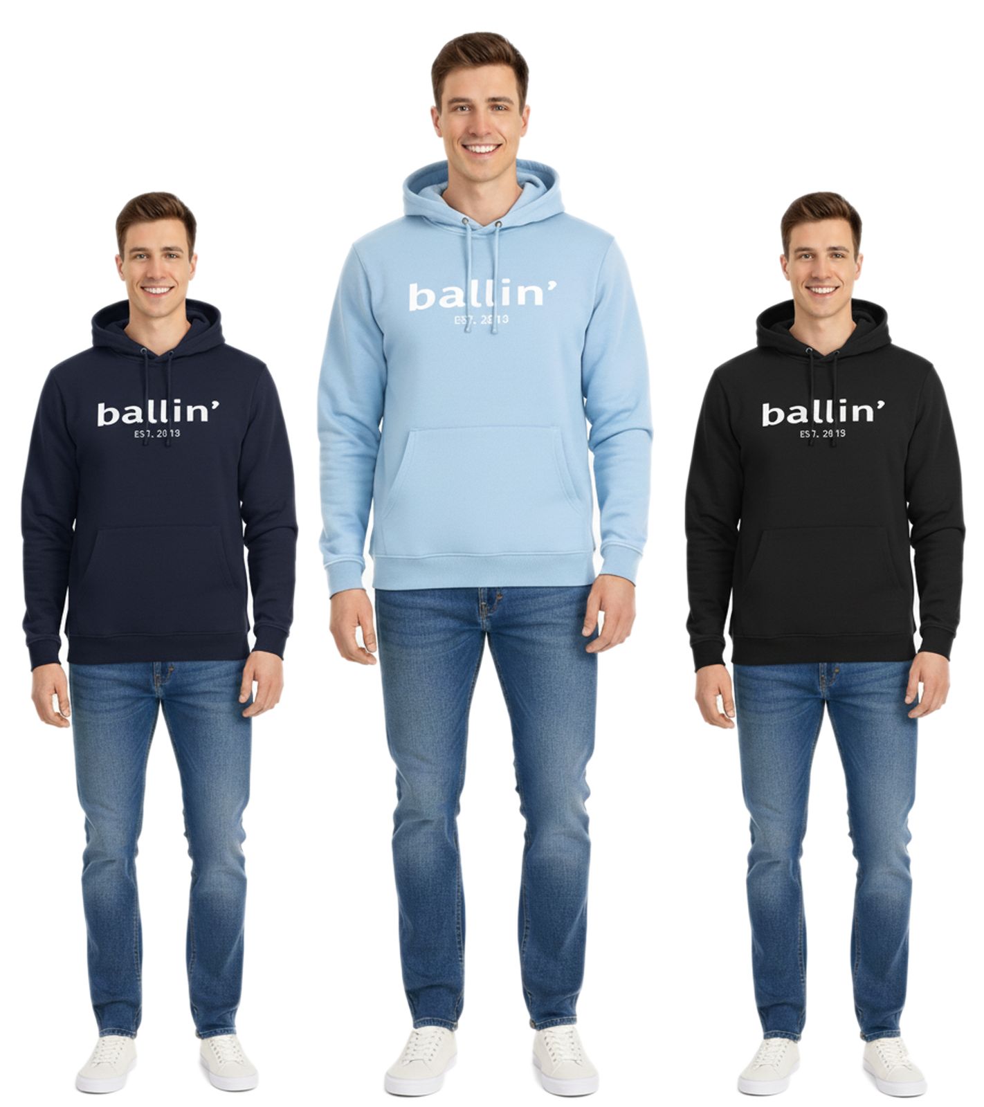 Ballin Est. 2013 Herren nachhaltiger Hoodie Kapuzen-Pullover mit Logo-Print auf der Front HO-H00050 in Schwarz, Blau oder Navy
