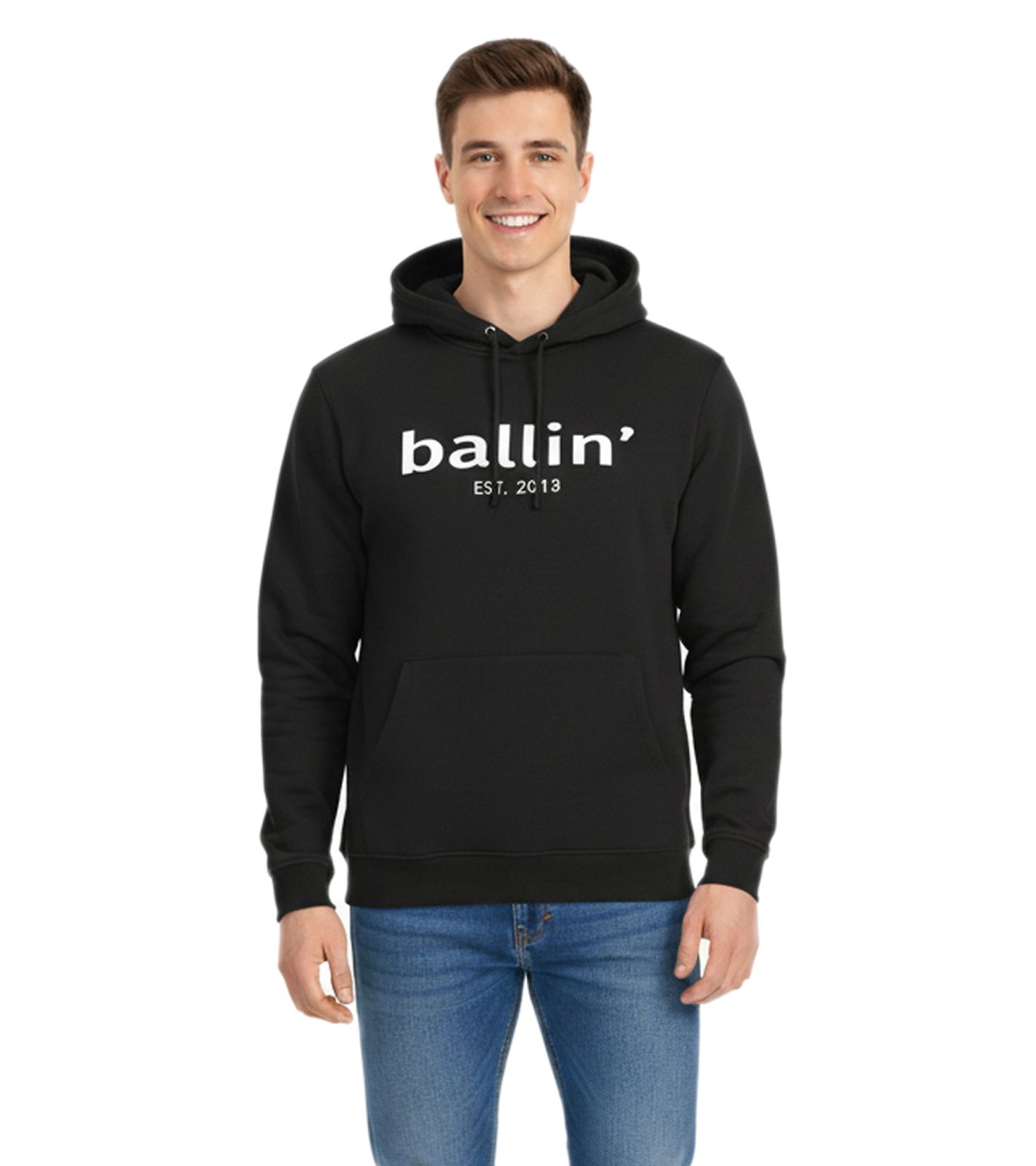Ballin Est. 2013 Herren nachhaltiger Hoodie Kapuzen-Pullover mit Logo-Print auf der Front HO-H00050 Schwarz